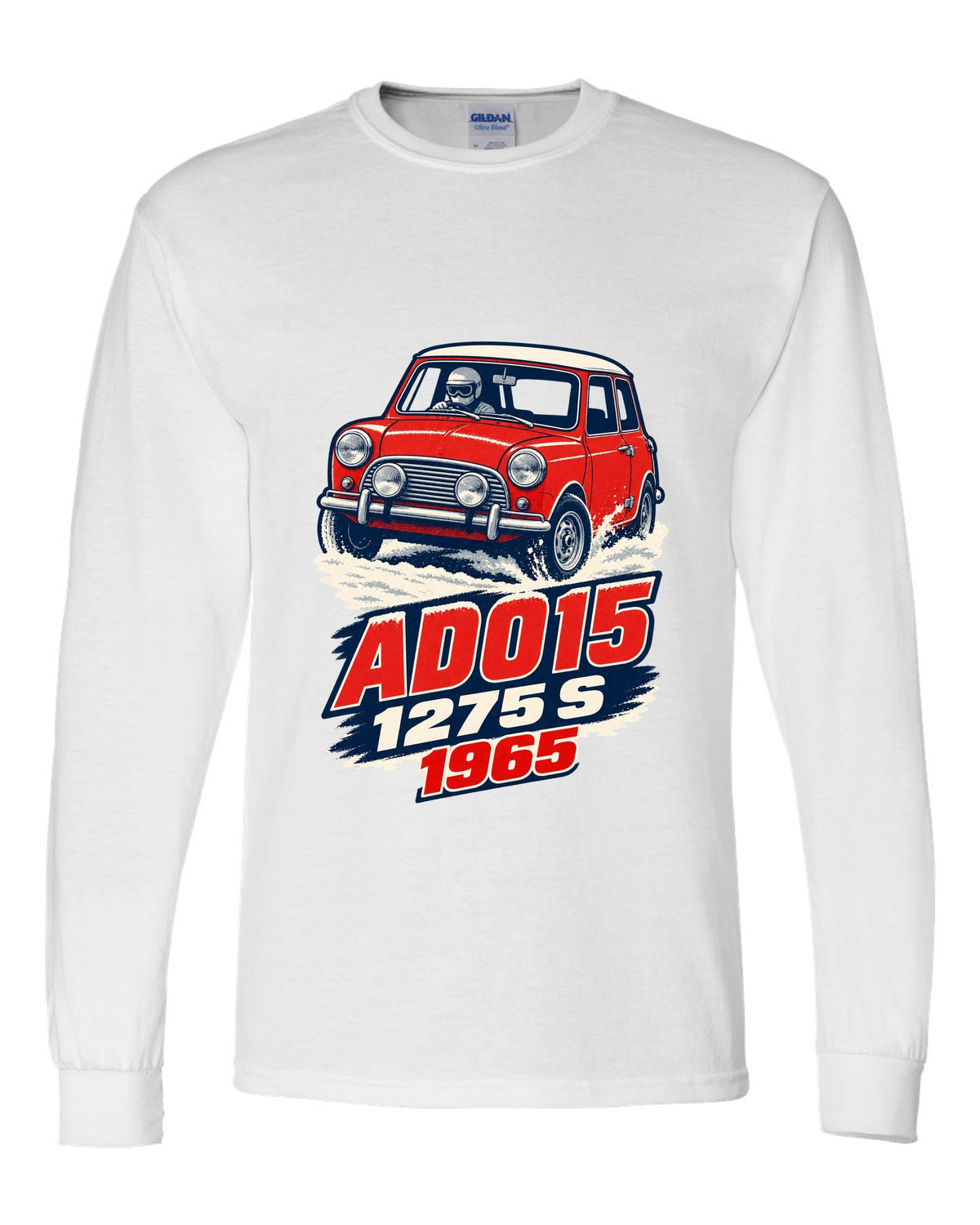 1965 Mini Cooper S ADO15 rally car in a 1960s litho poster style white long sleeve front view with the design