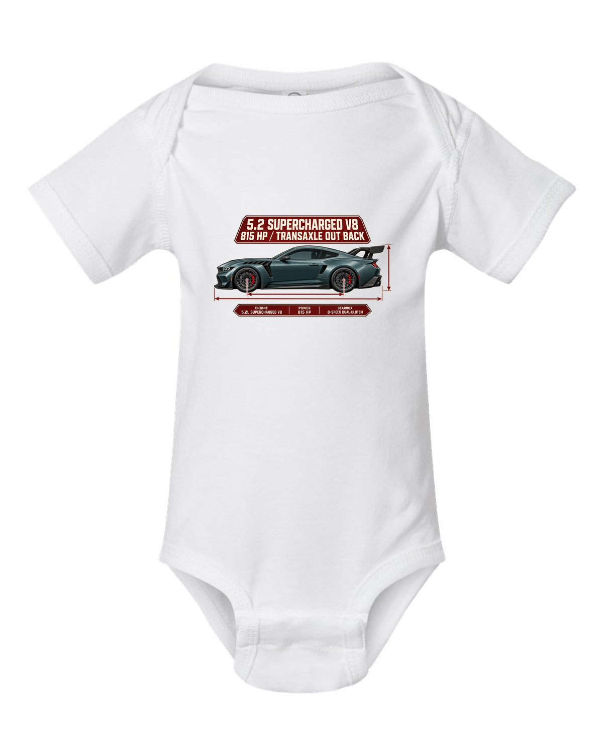 print of a Mustang GTD dimension blueprint with 5.2 supercharged V8 and 815 HP text white baby onesie front view with the design