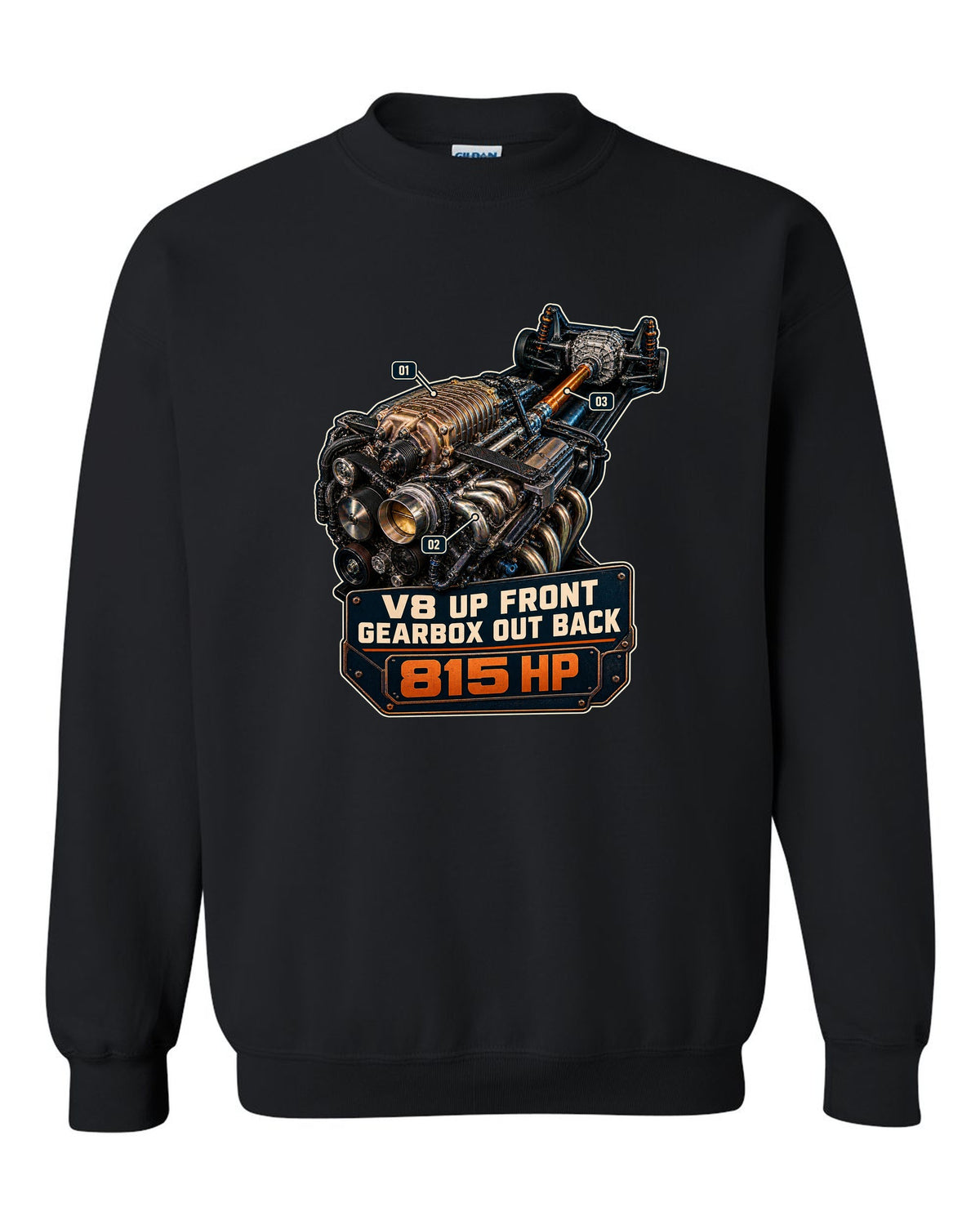print of a Mustang GTD supercharged V8 engine with V8 up front gearbox out back text black crewneck front view with the design