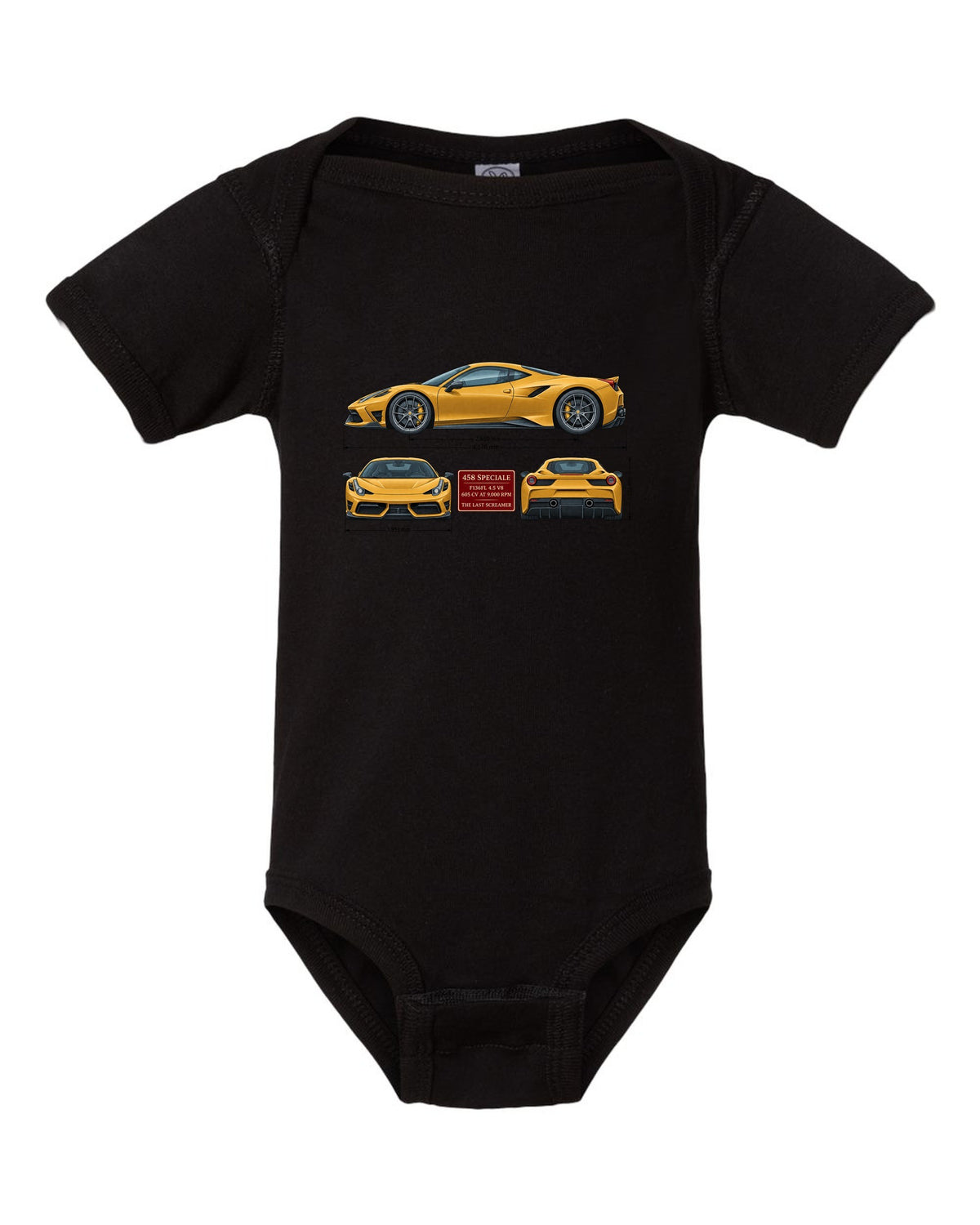 Three-view spec table print of the Ferrari 458 Speciale in ochre black baby onesie front view with the design