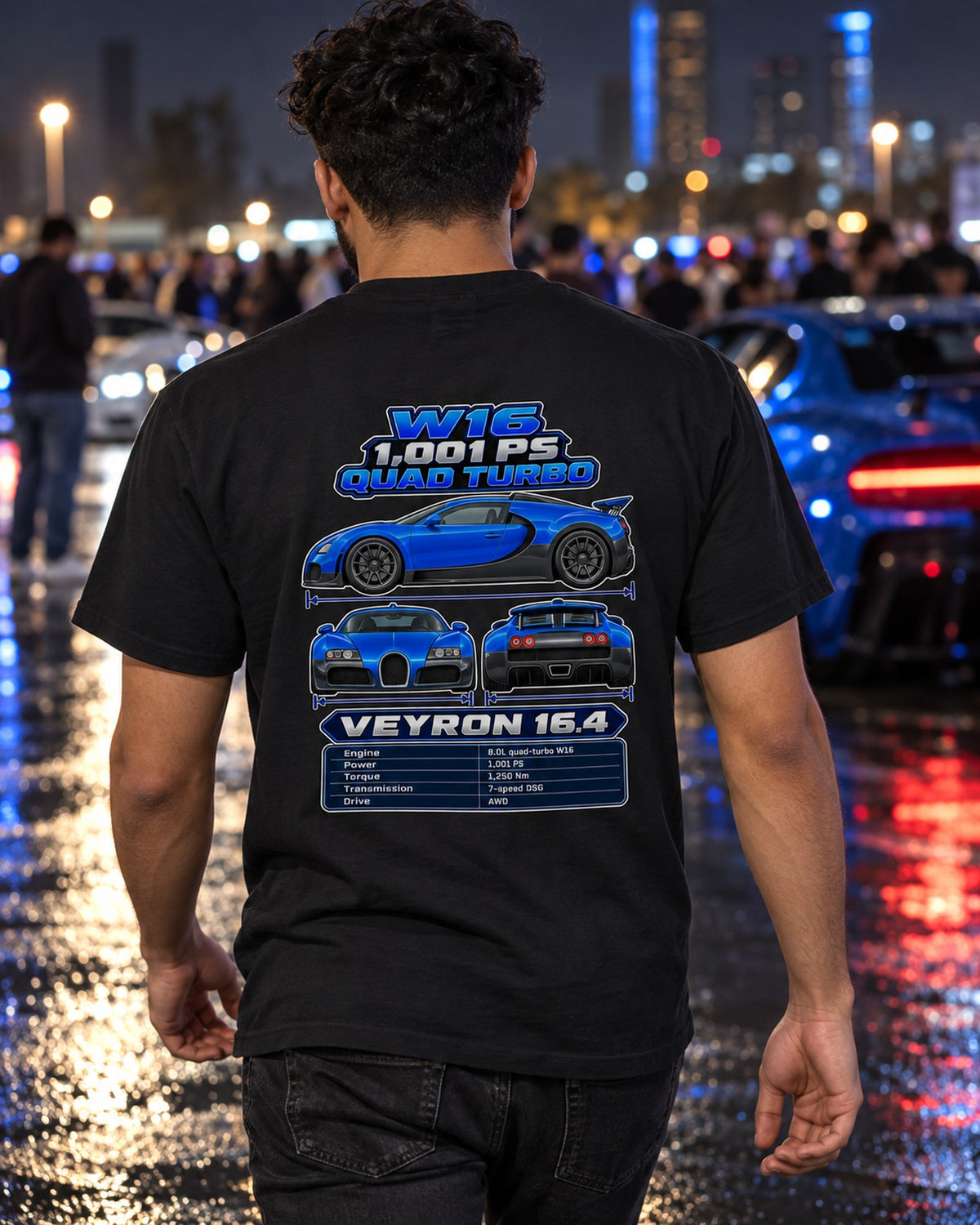 Bugatti Veyron 164 Spec Sheet Full-Back Graphic Tee T-Shirt Black worn hero