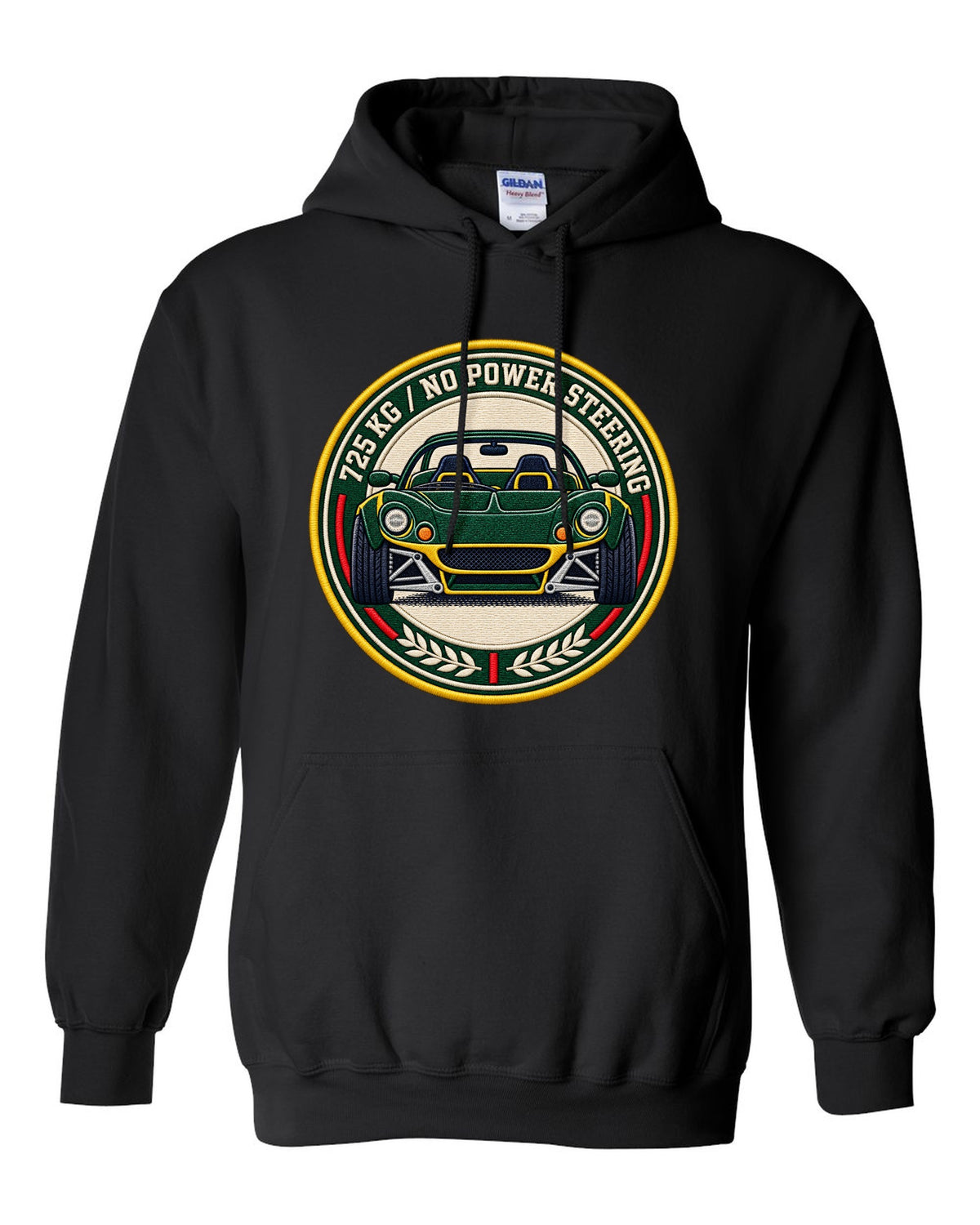 Lotus Elise S1 varsity crest design with 725 KG and no power steering lettering black pull over hoodie front view with the design