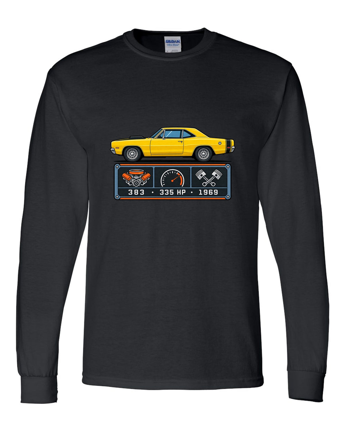 Spec-sheet data plate design for a 1969 Dodge Coronet Super Bee with 383 and 335 HP black long sleeve front view with the design