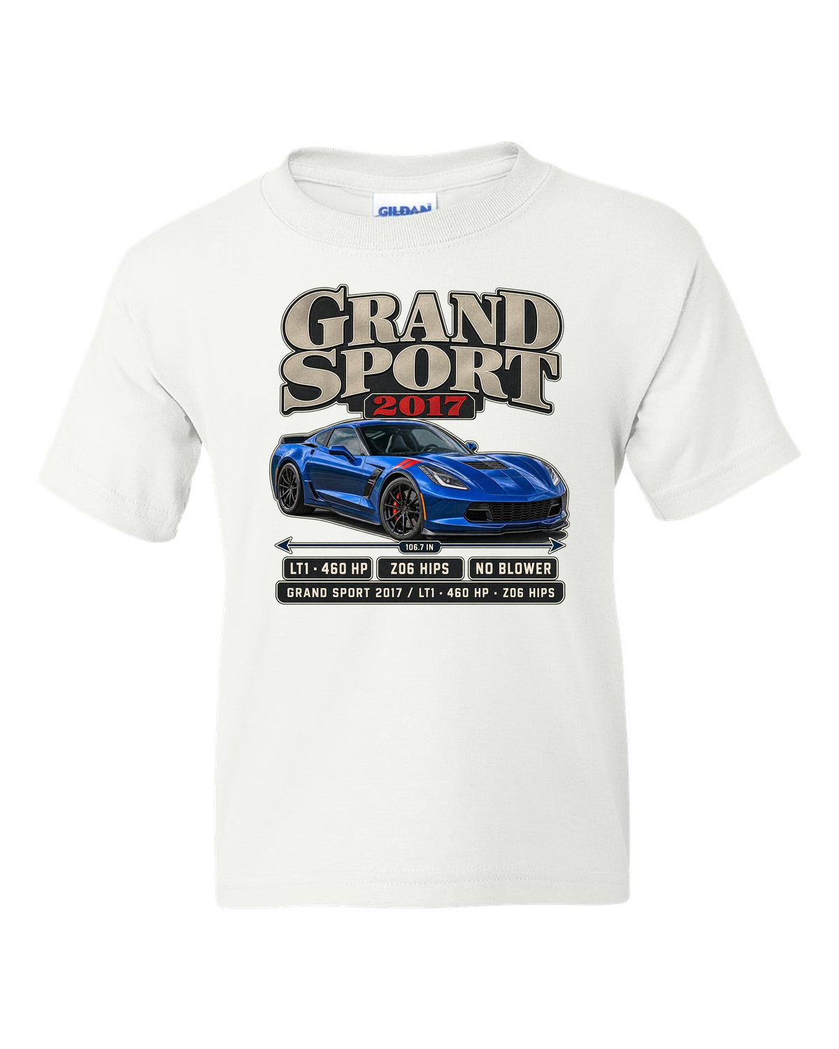 print of a Chevrolet Corvette C7 Grand Sport archive panel with LT1 and 460 HP text white kids tee front view with the design