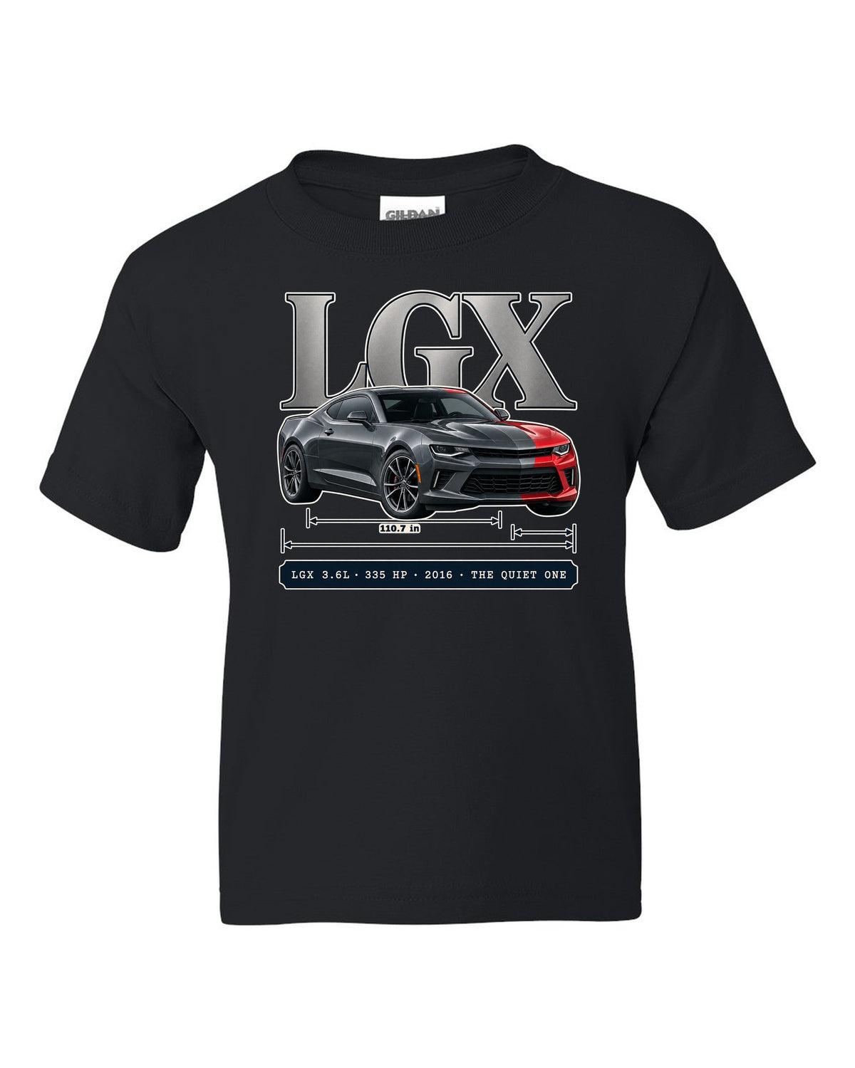 Archive panel print of a 2016 Chevrolet Camaro V6 with LGX 3.6L black kids tee front view with the design