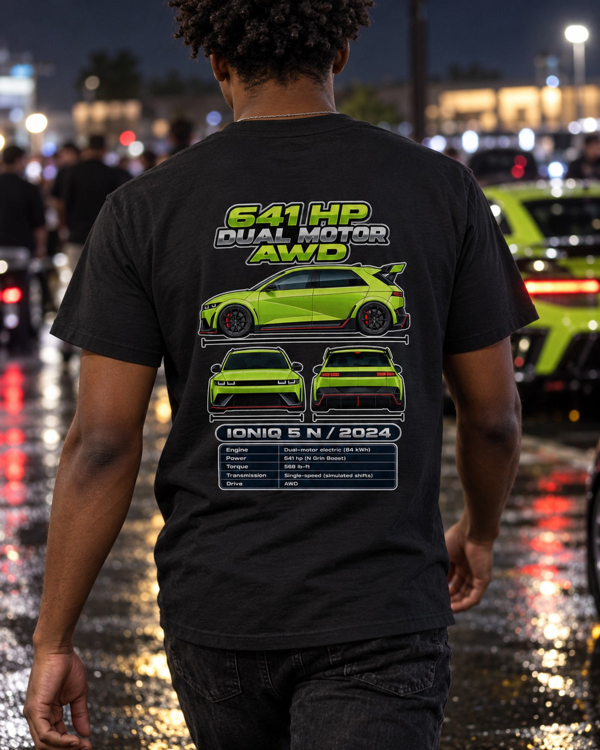 Hyundai Ioniq 5 N Spec Sheet Full-Back Graphic Tee T-Shirt Black worn hero