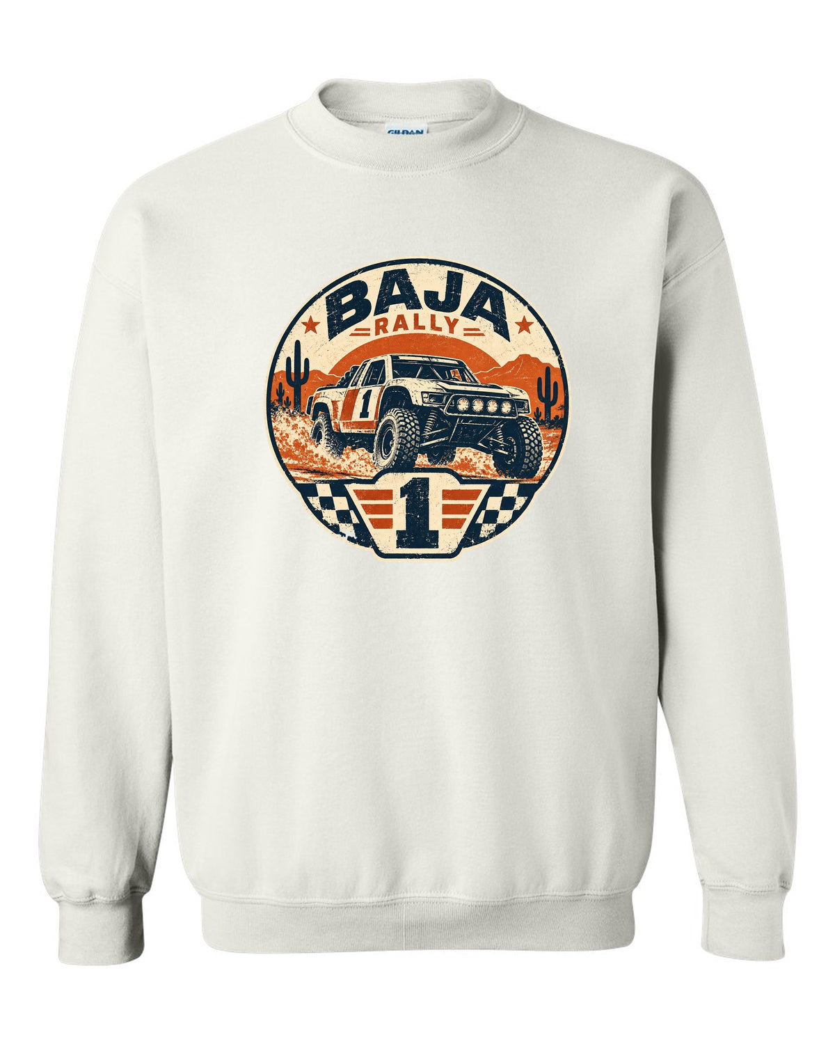 Stencil street-art of a 2022 Ford Bronco off-road race truck with 15 PSI AIRED DOWN lettering white crewneck front view with the design