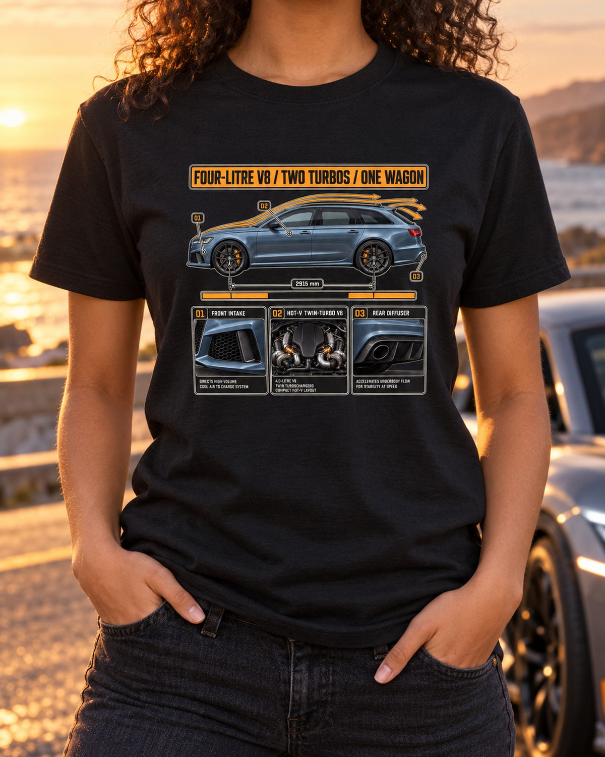RS6 Avant C7 Aero Cutaway Tee, Audi Wagon Car Shirt T-Shirt Black worn hero