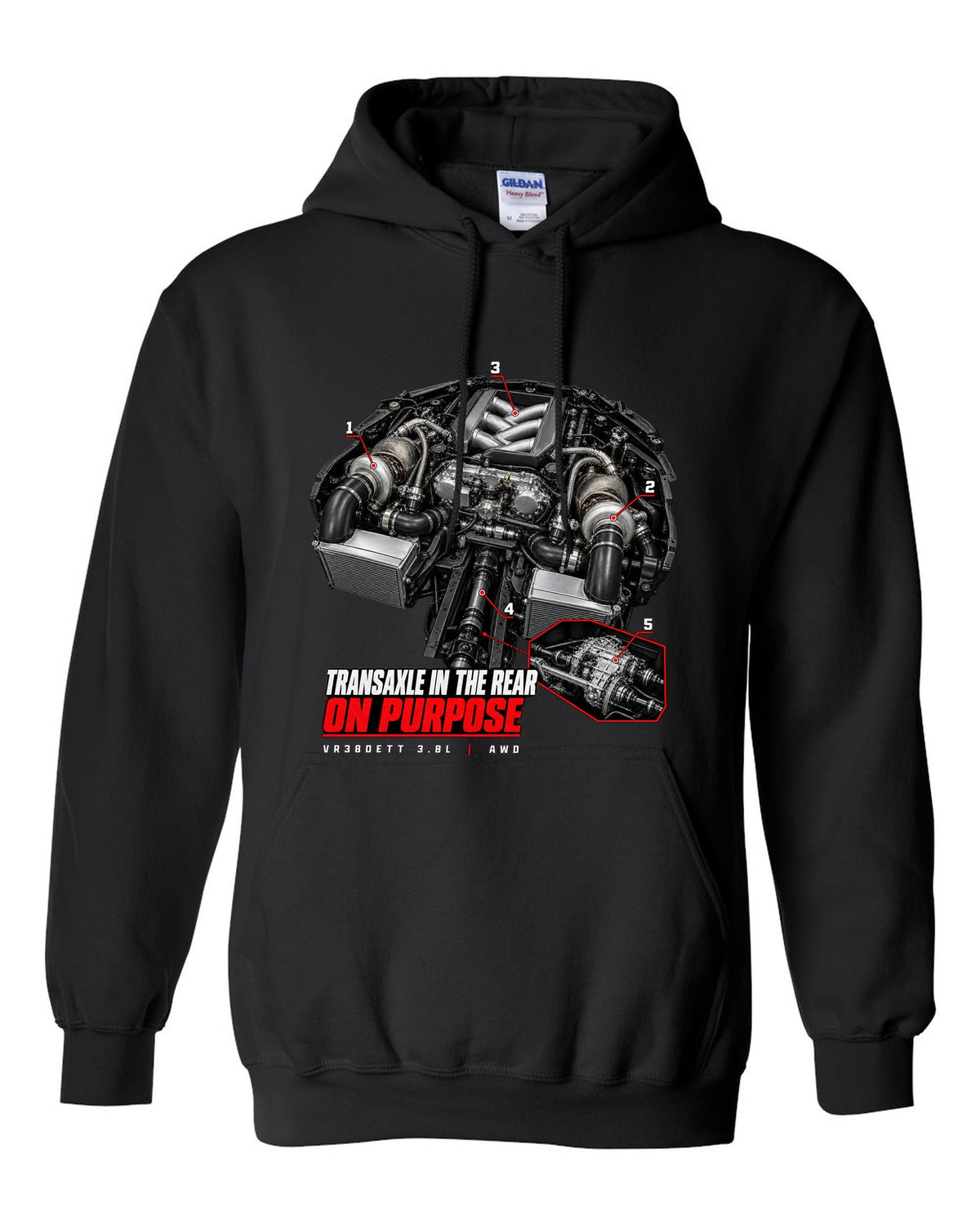 Engine hero diagram of a Nissan GT-R R35 with callout lines pointing to the rear transaxle black pull over hoodie front view with the design