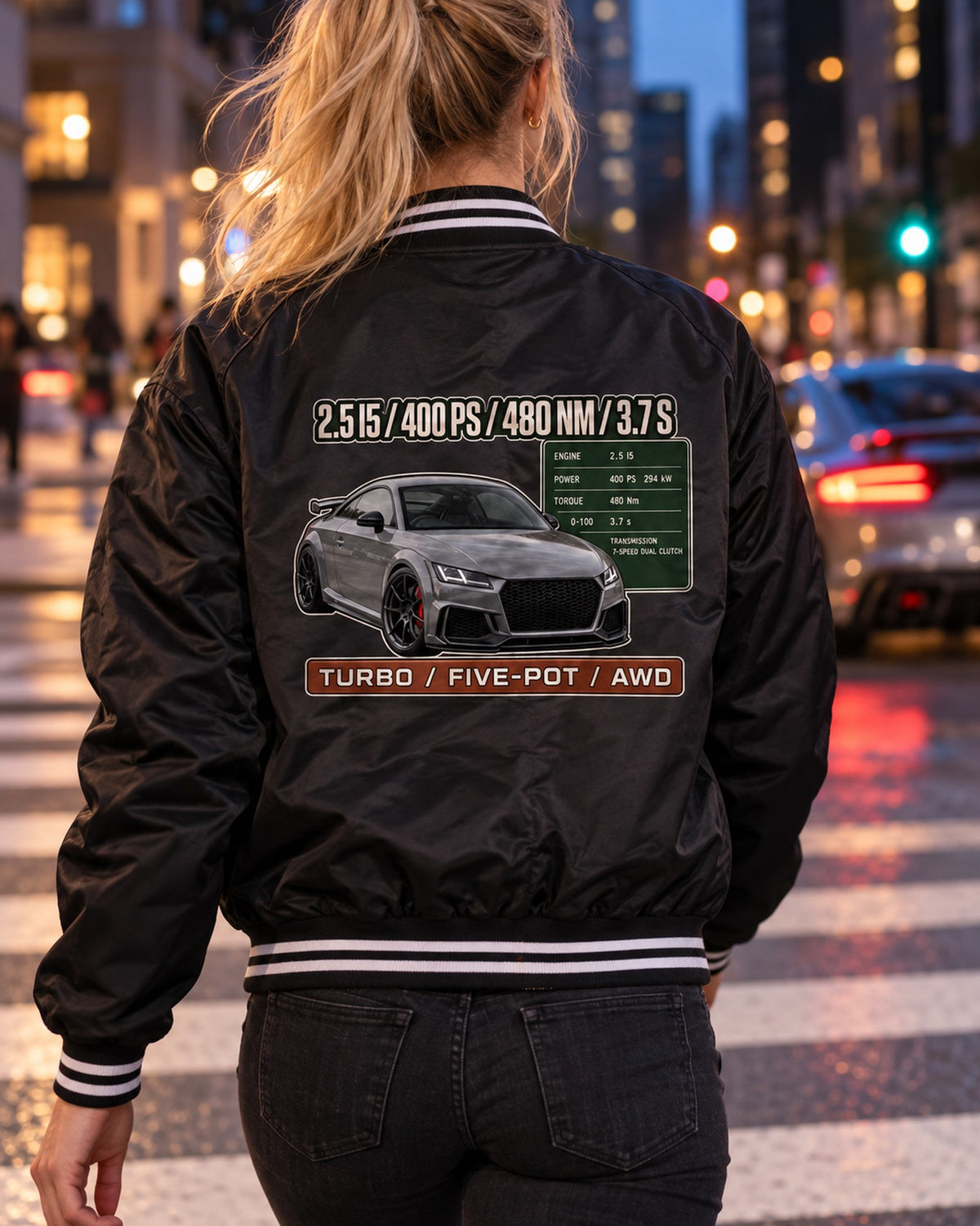 Audi TT RS 8S Spec Poster Shirt, 2.5 I5 400 PS print Bomber Jacket Black worn hero