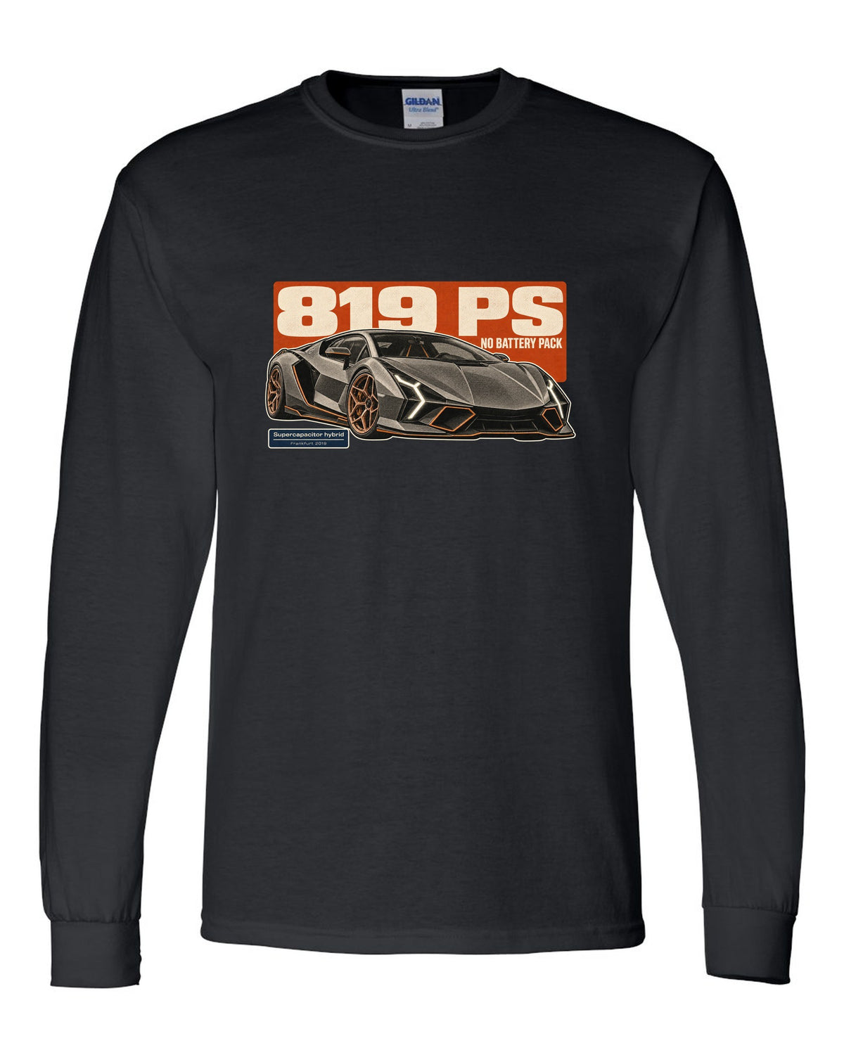Halftone statement print of the Lamborghini Sian FKP 37 black long sleeve front view with the design