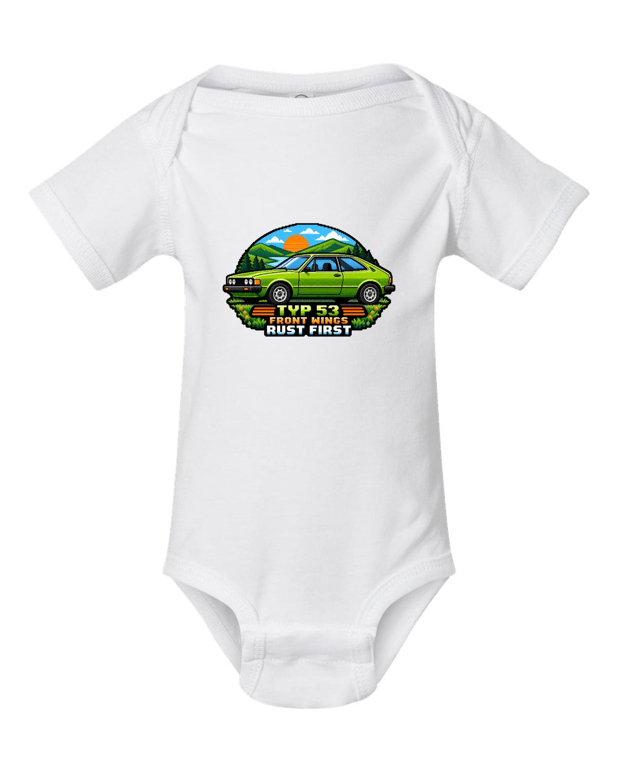 8/16-bit pixel art of a VW Scirocco Mk1 Typ 53 with front wings rust first text white baby onesie front view with the design