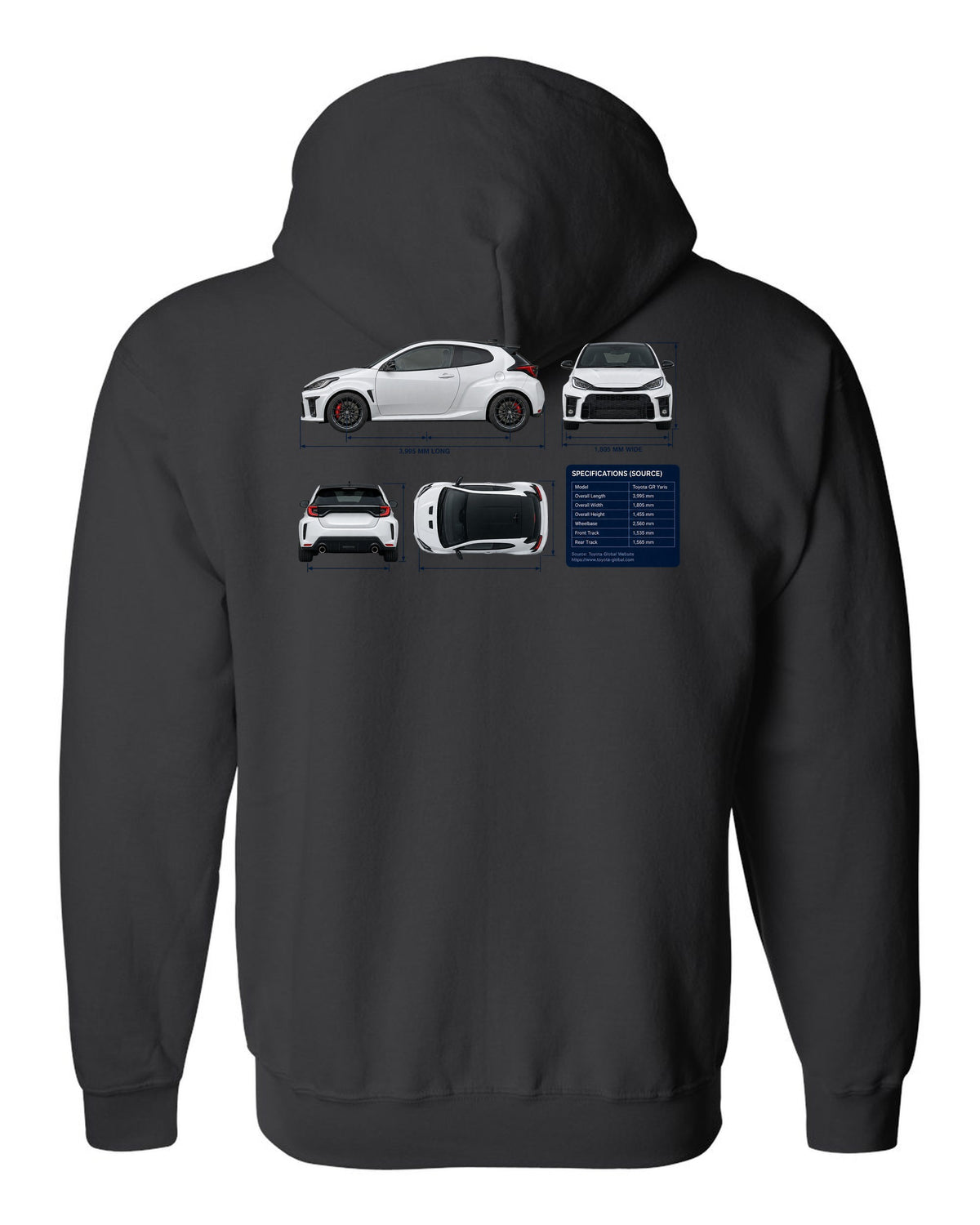 Toyota GR Corolla Morizo Edition Blueprint black zip hoodie back view with the design