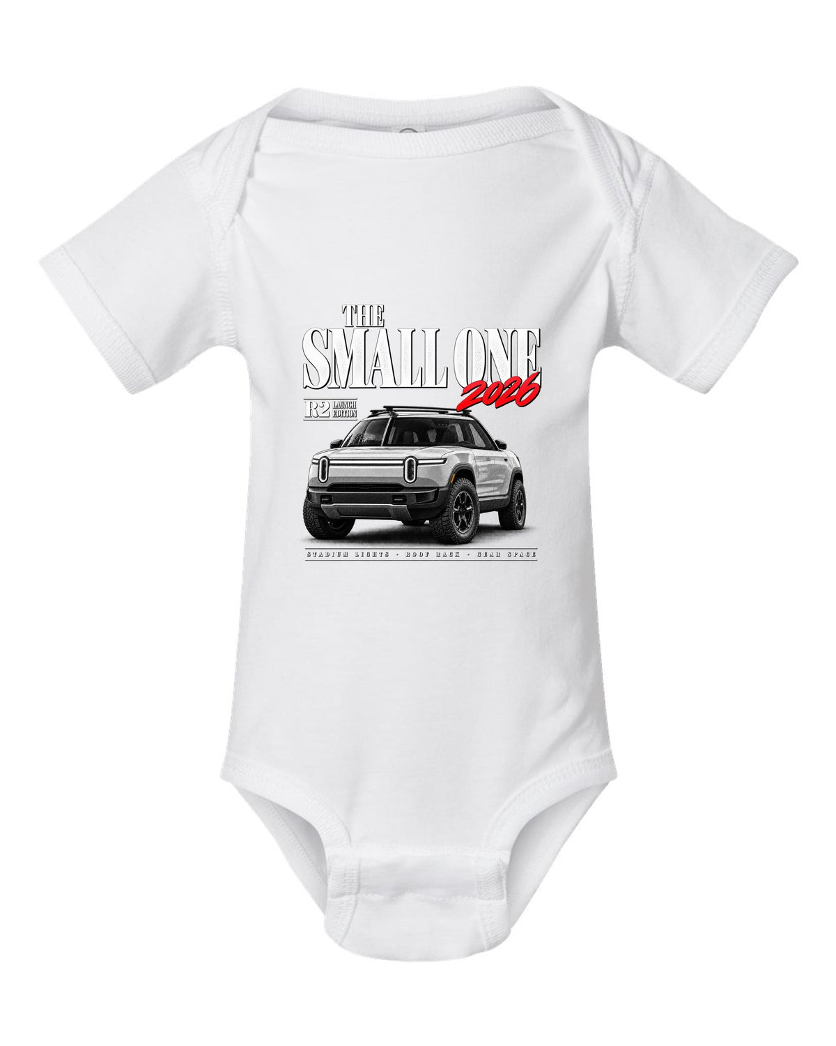 Rivian R2 2026 launch edition editorial headline reading The Small One white baby onesie front view with the design