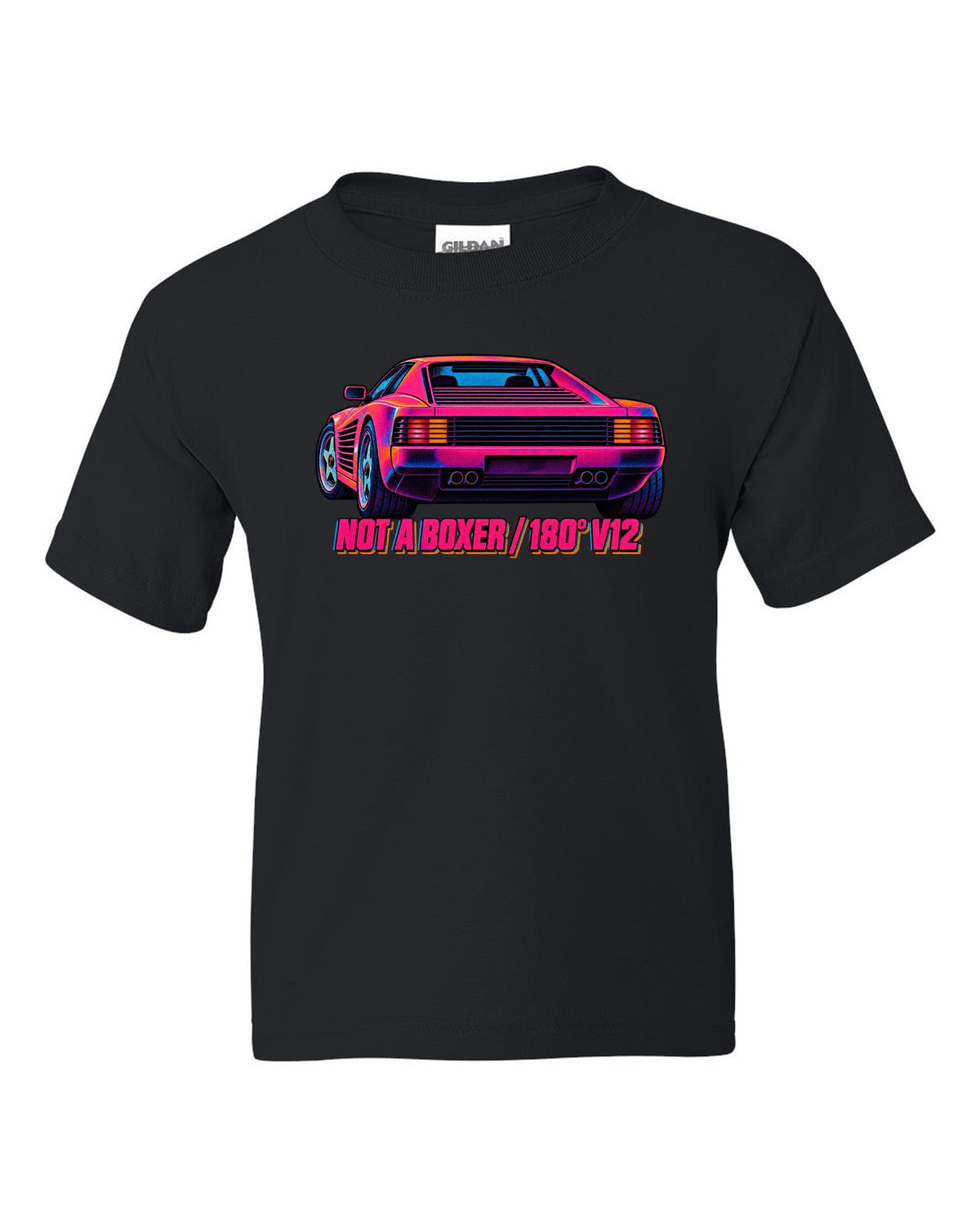 Neon-lit risograph print of the Ferrari Testarossa F110 with the text not a boxer, 180 degree V12 black kids tee front view with the design