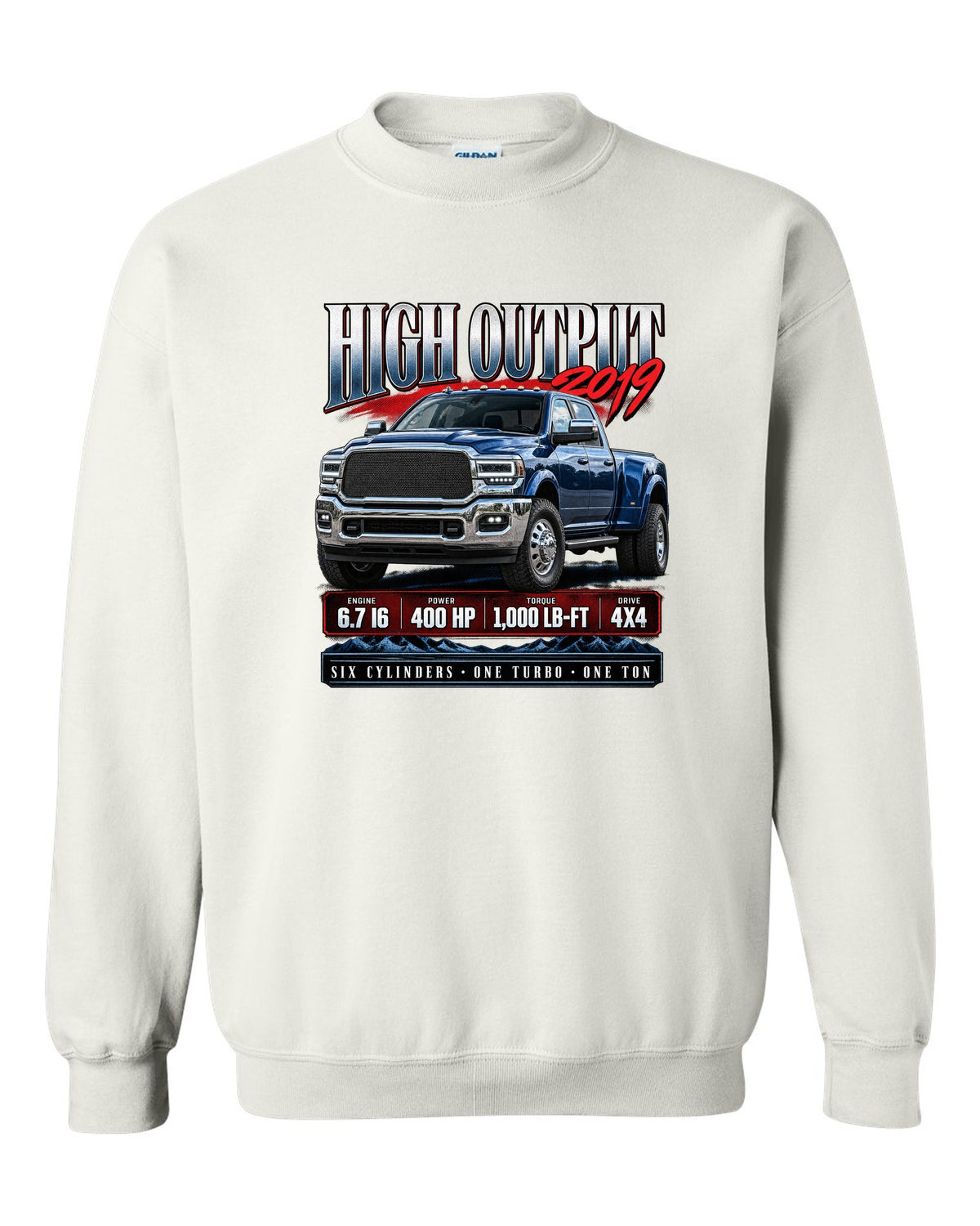 Archive panel of a 2019 Ram 3500 5th gen High Output 6.7 with 400 HP and 1,000 lb-ft white crewneck front view with the design