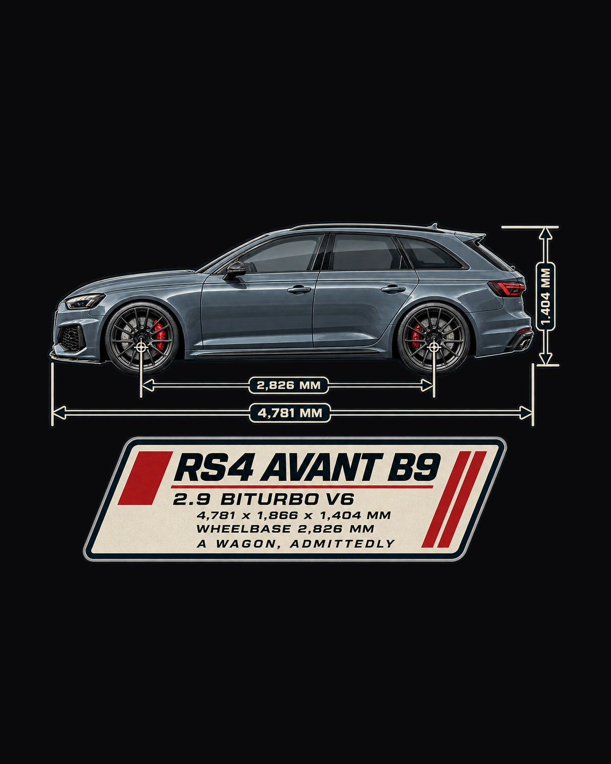 Audi RS4 Avant B9 Dimension Blueprint Shirt, Twin-Turbo V6 design only