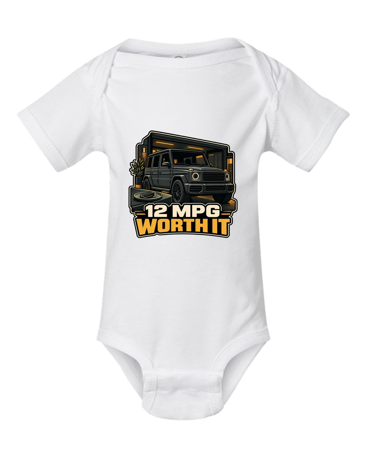Army surplus stamp graphic reading Gelandewagen 1979 for the Mercedes G-Class W460, print white baby onesie front view with the design