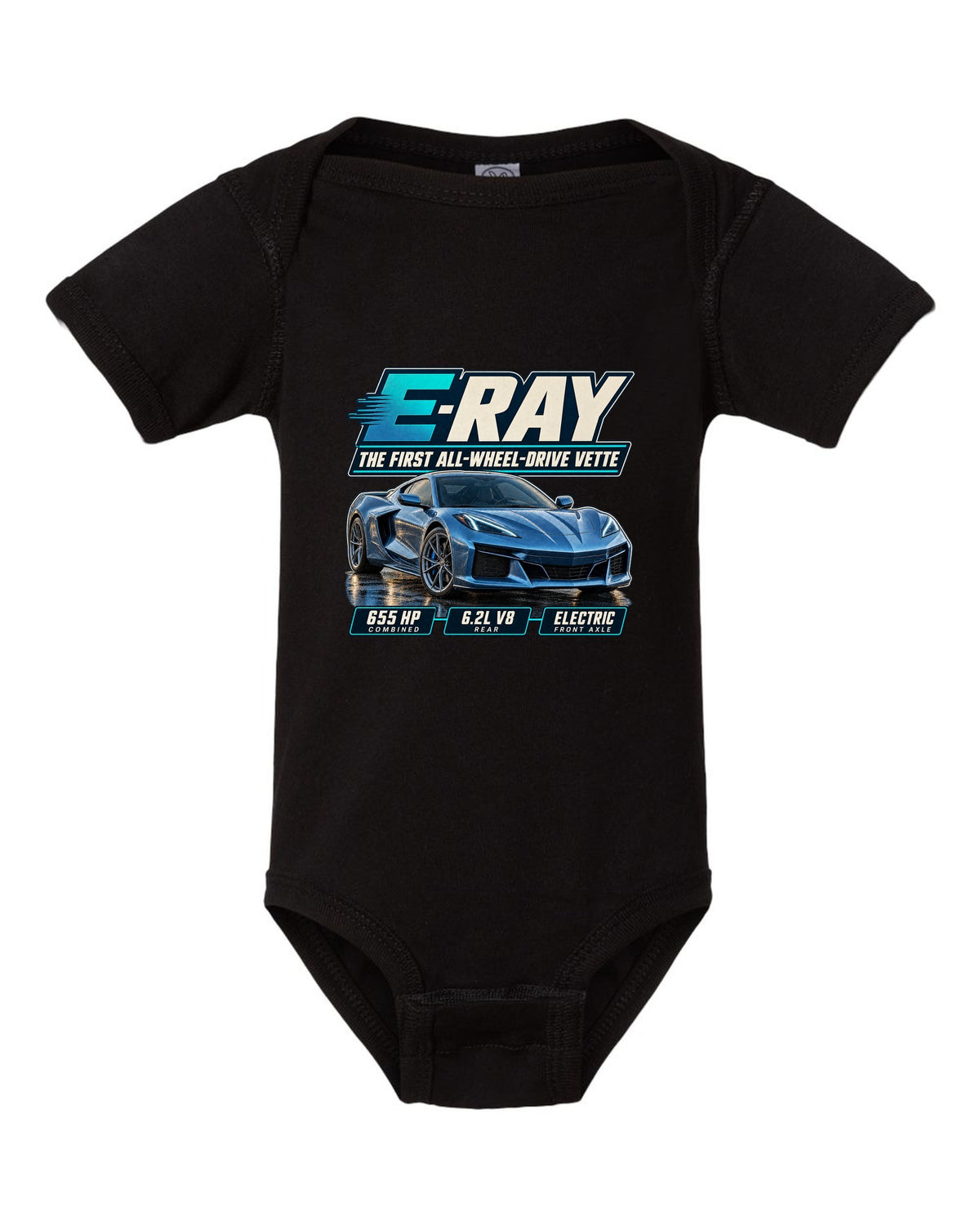 Editorial headline print of a Chevrolet Corvette C8 E-Ray, the first all-wheel-drive Vette black baby onesie front view with the design