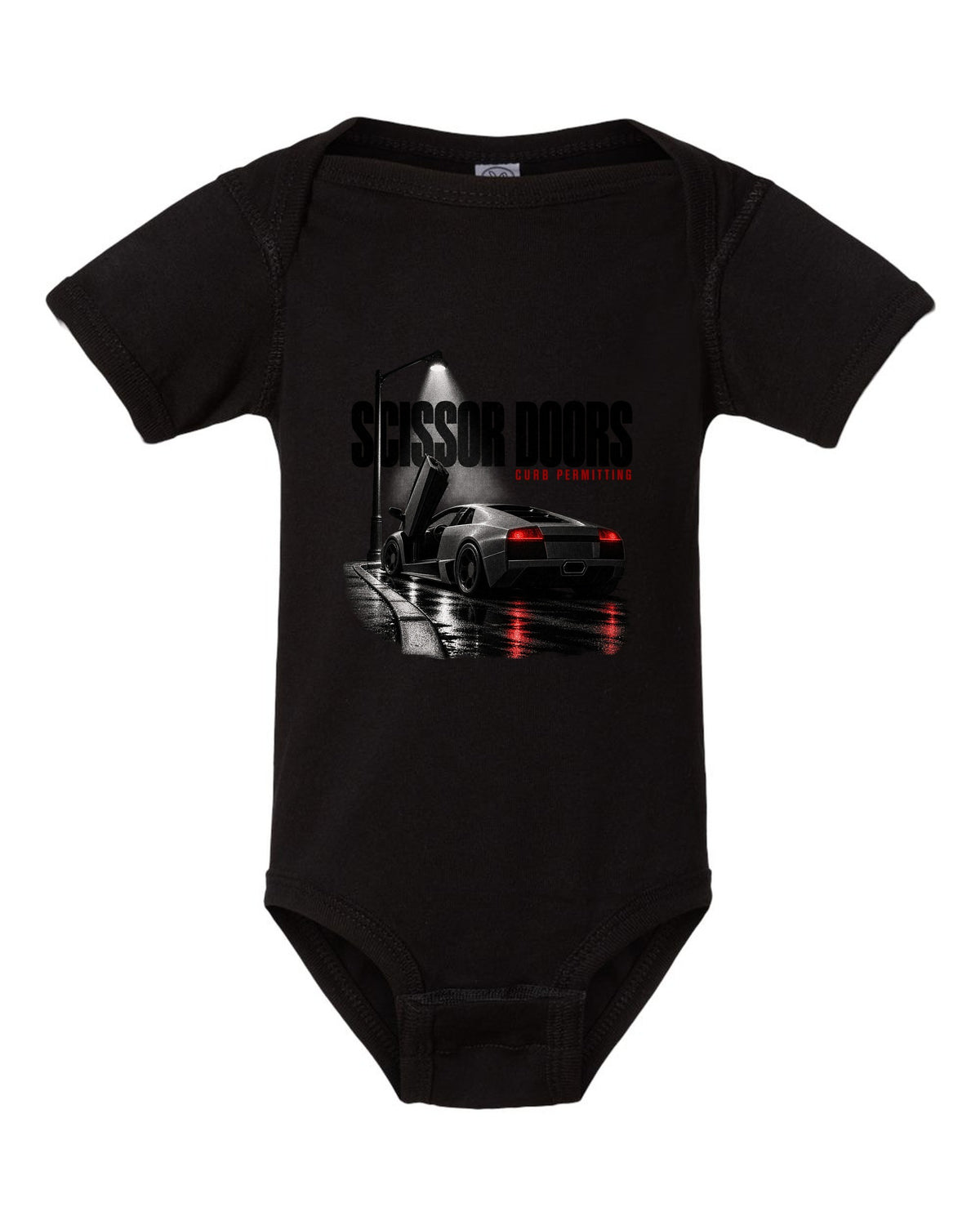 Garage night print of a Lamborghini Murcielago LP640 with scissor doors raised black baby onesie front view with the design