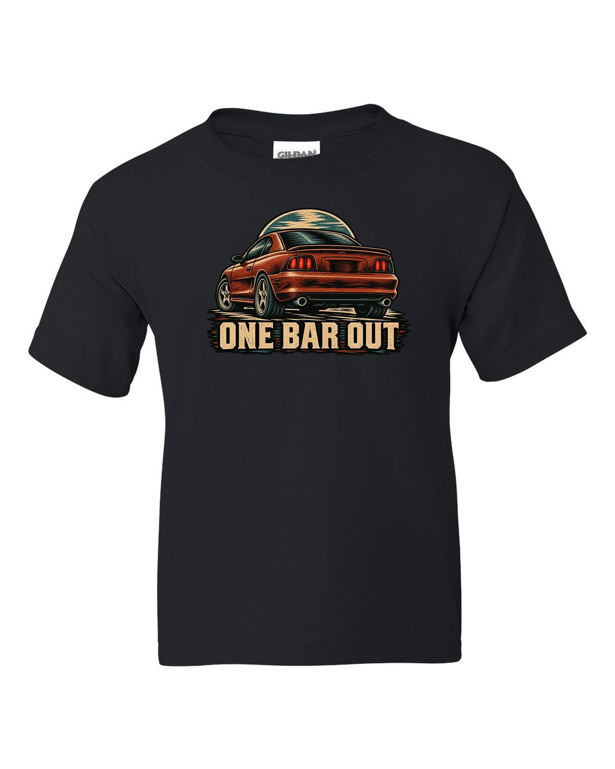 Linocut woodcut print of a 1994-98 SN95 Mustang coupe with One Bar Out text black kids tee front view with the design