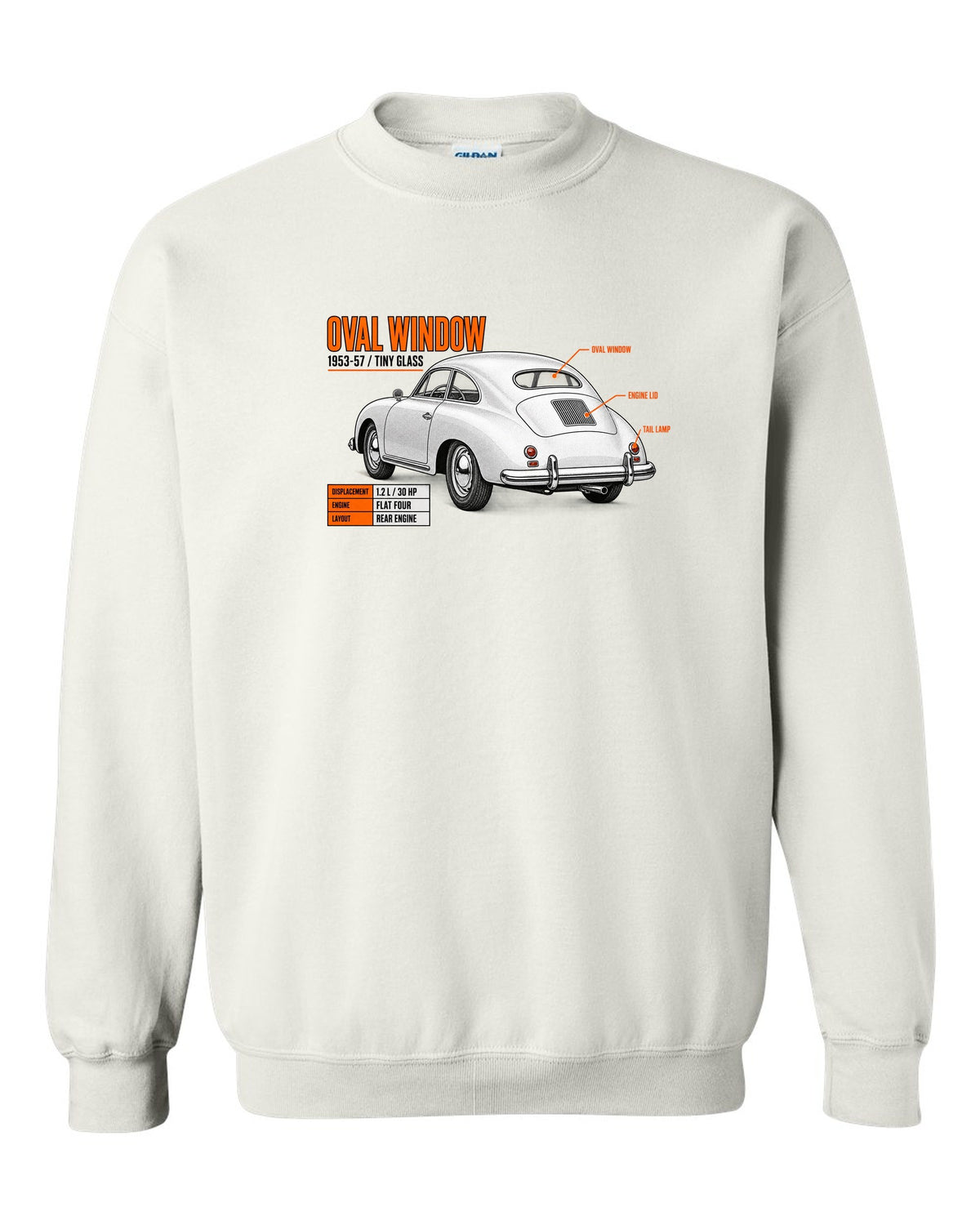 Spec poster print of a VW Beetle oval-window rear three-quarter with 1953-57 text white crewneck front view with the design