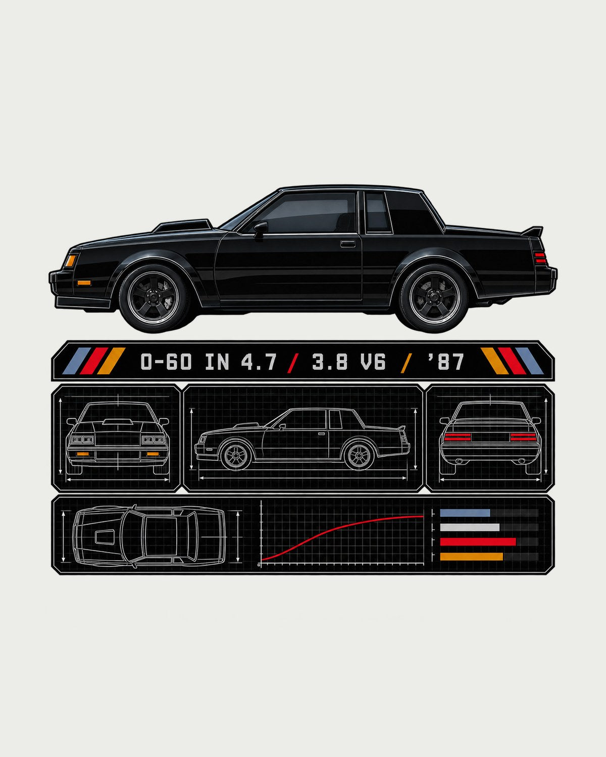 1987 Buick Grand National 0-60 in 4.7 Datasheet Car Shirt design only