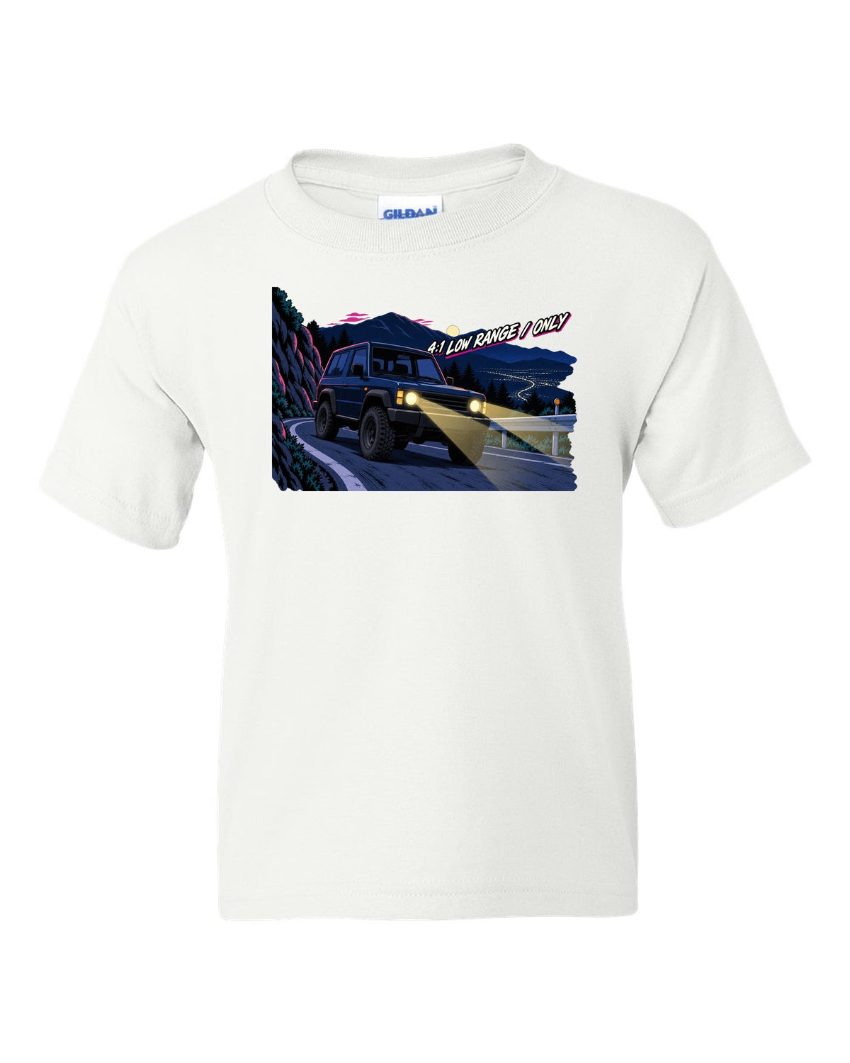Jeep Wrangler JLU cel-shaded 90s anime night mountain pass with 4:1 low range only text white kids tee front view with the design