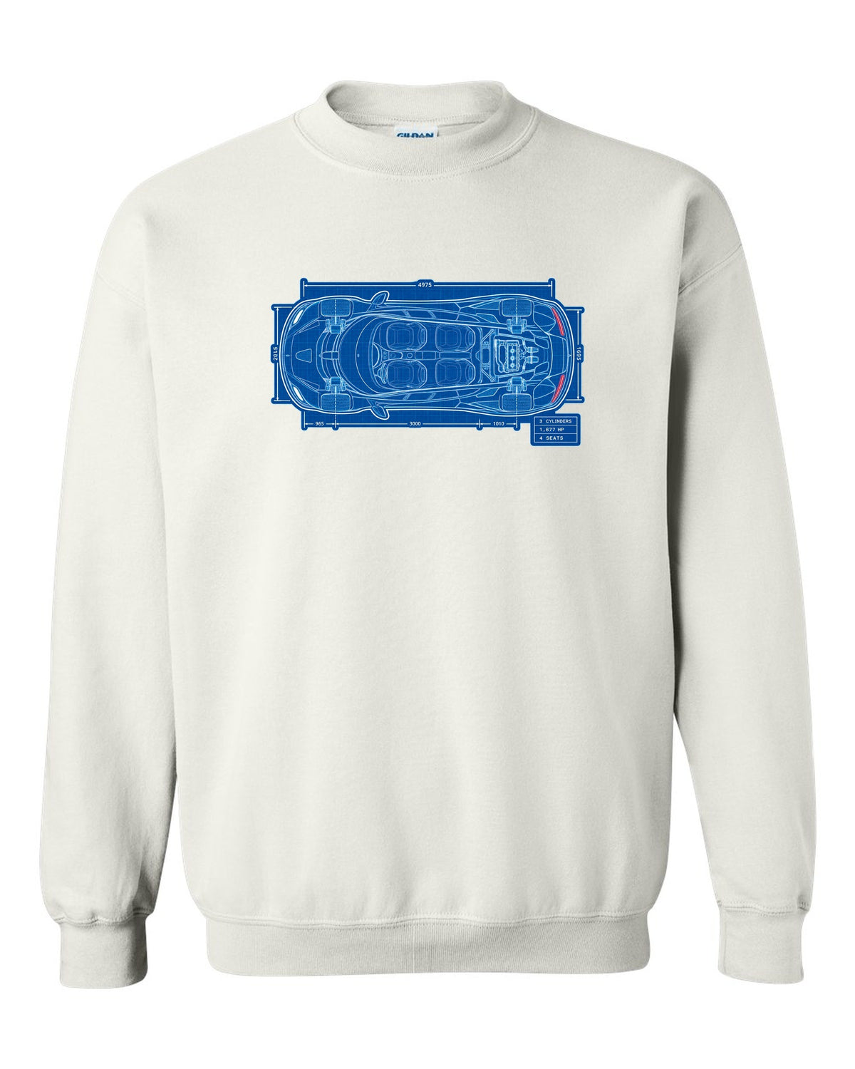 Technical blueprint print of the Koenigsegg Gemera seen from above with 3 cylinders and 4 seats lettering white crewneck front view with the design