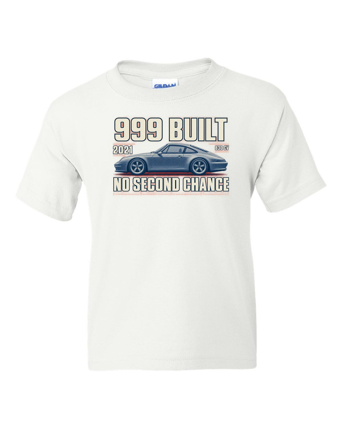 Ferrari 812 Competizione halftone print with 999 built, 2021 text white kids tee front view with the design