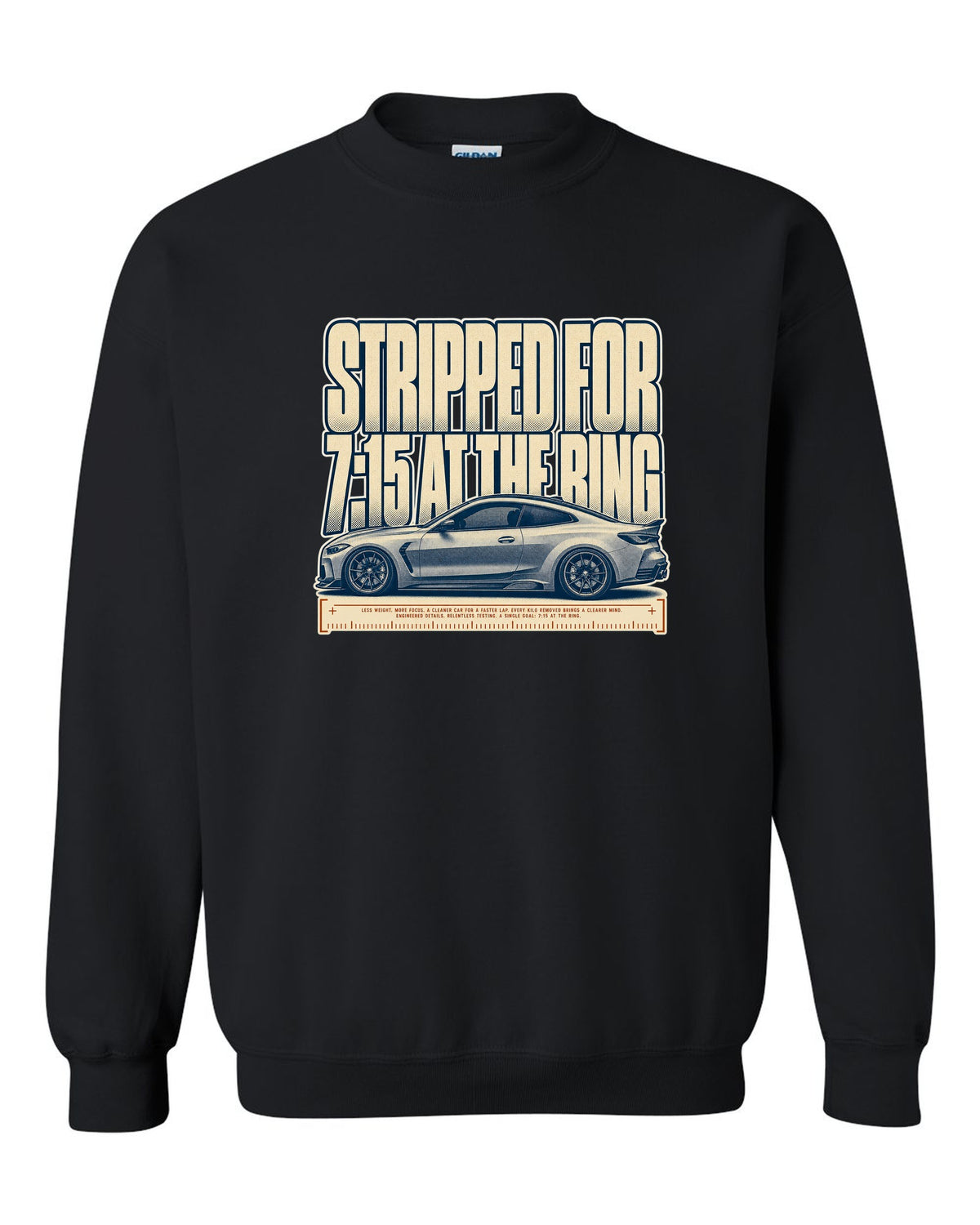 BMW M4 CSL G82 halftone print with 7:15 at the Ring text black crewneck front view with the design