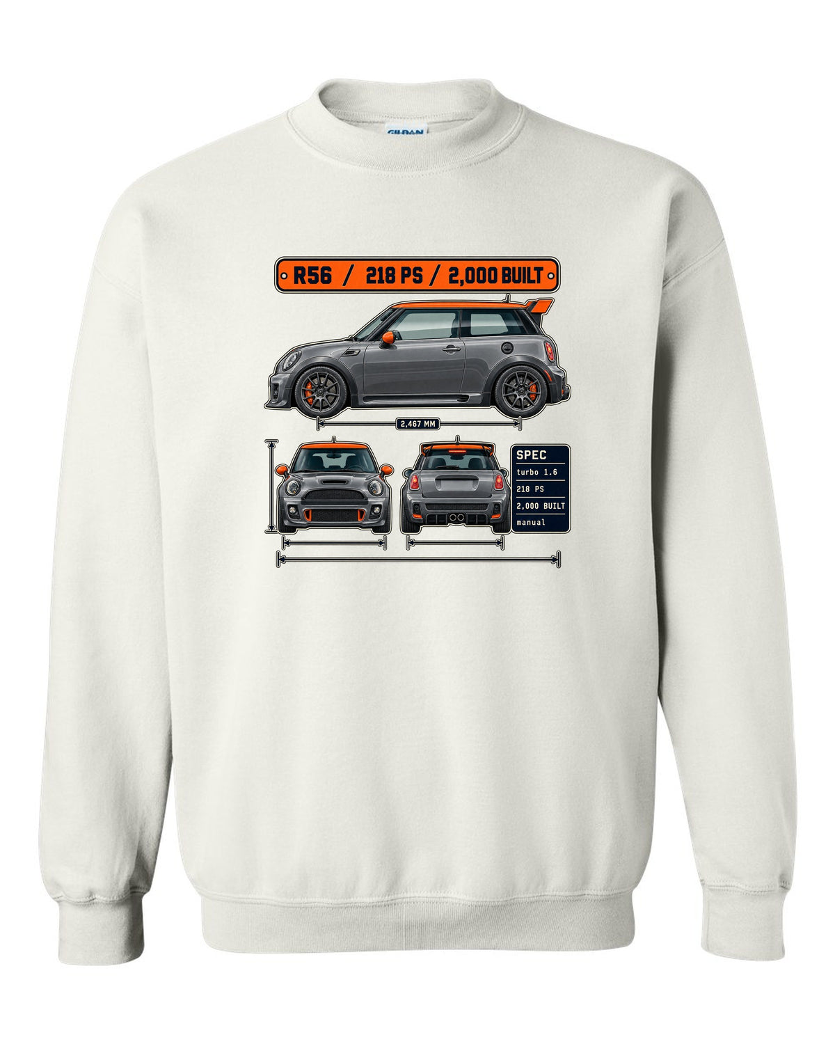 Three-view and spec table print for the Mini JCW GP R56 2012 with 2,000 built text white crewneck front view with the design