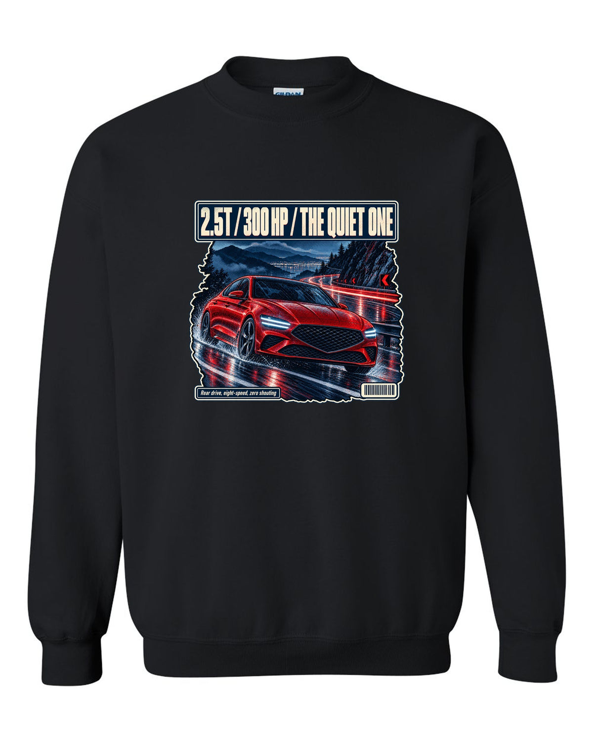 Night touge print of the Genesis G70 with 2.5T 300 HP lettering black crewneck front view with the design