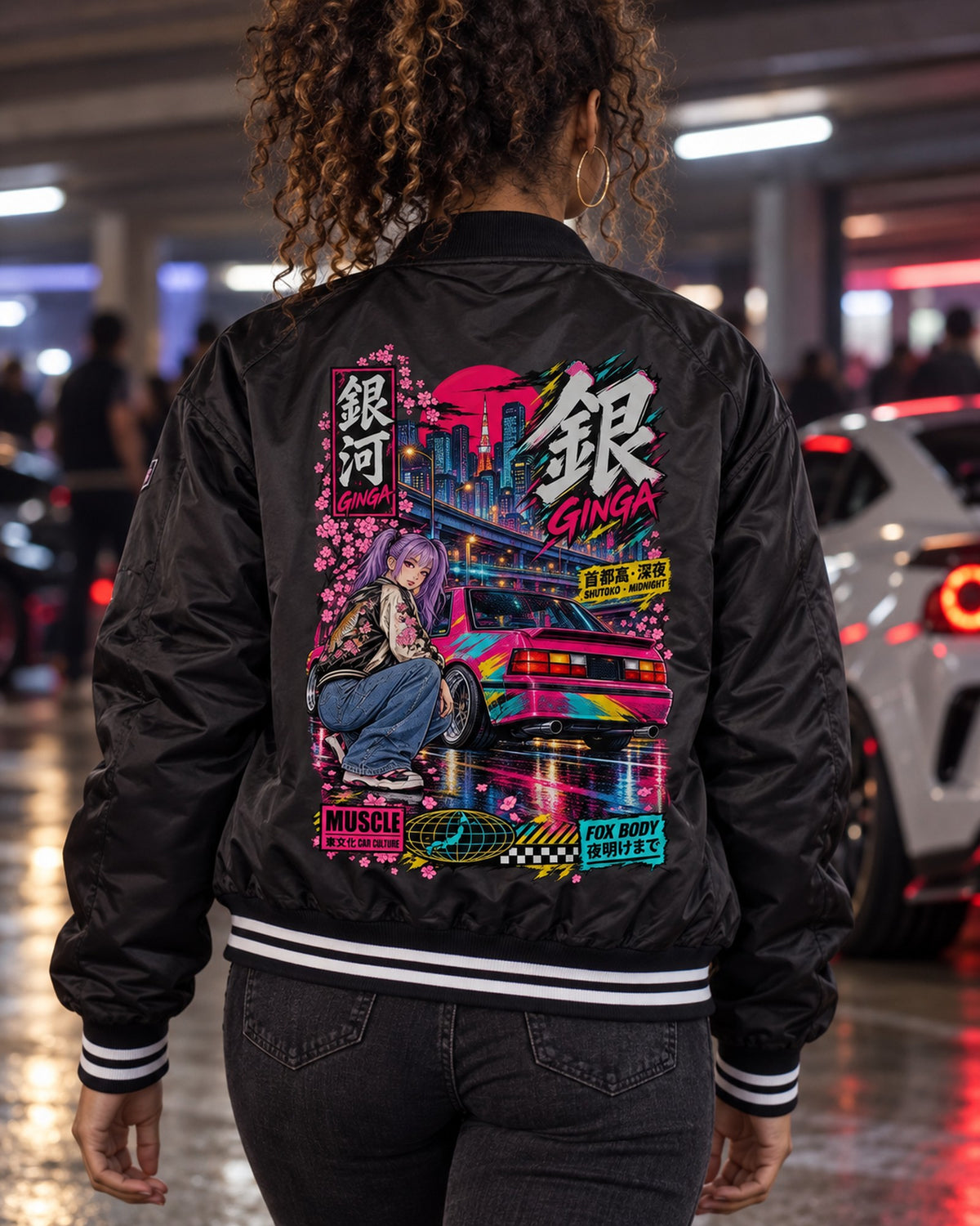 GINGA FOX BODY Anime Girl Full-Back Graphic Tee Bomber Jacket Black worn hero