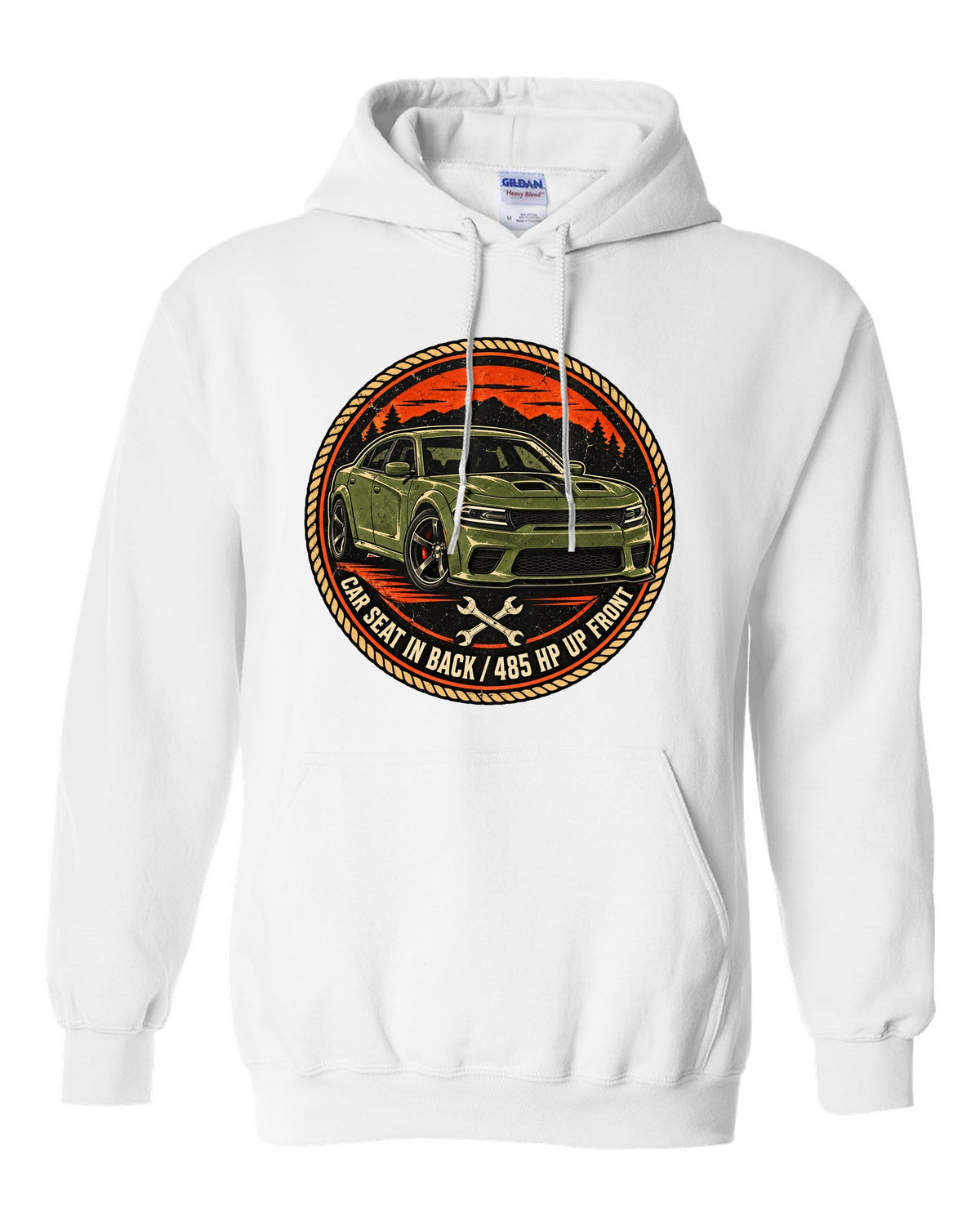 Vintage mechanic roundel patch design of a 2018 Dodge Charger Scat Pack with car seat caption white pull over hoodie front view with the design