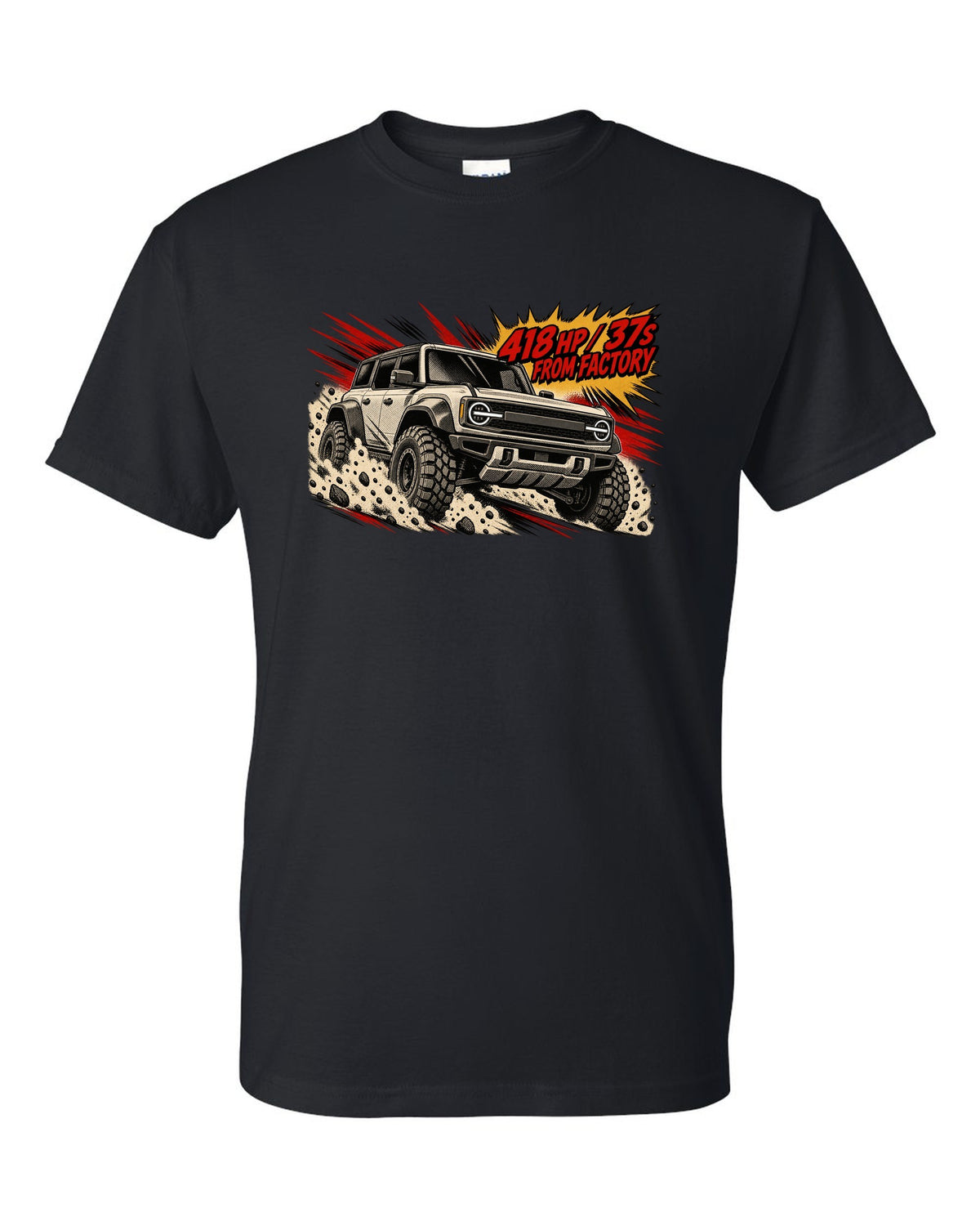 Retro manga halftone panel of a 2022 Ford Bronco Raptor jumping in the desert with 418 HP lettering black t-shirt front view with the design