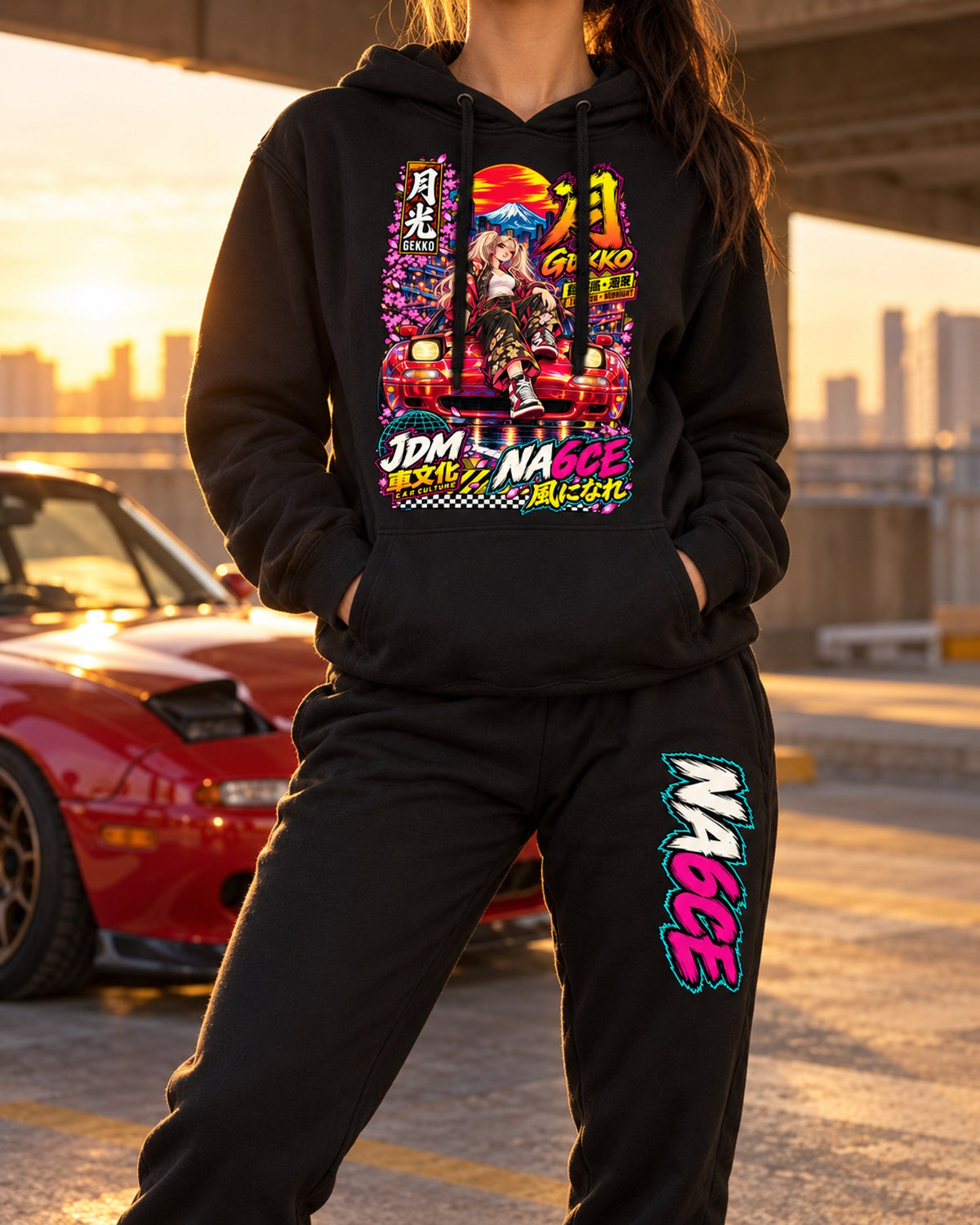 NA6CE Gekko Anime Girl Poster Hoodie + Jogger Set Black worn hero