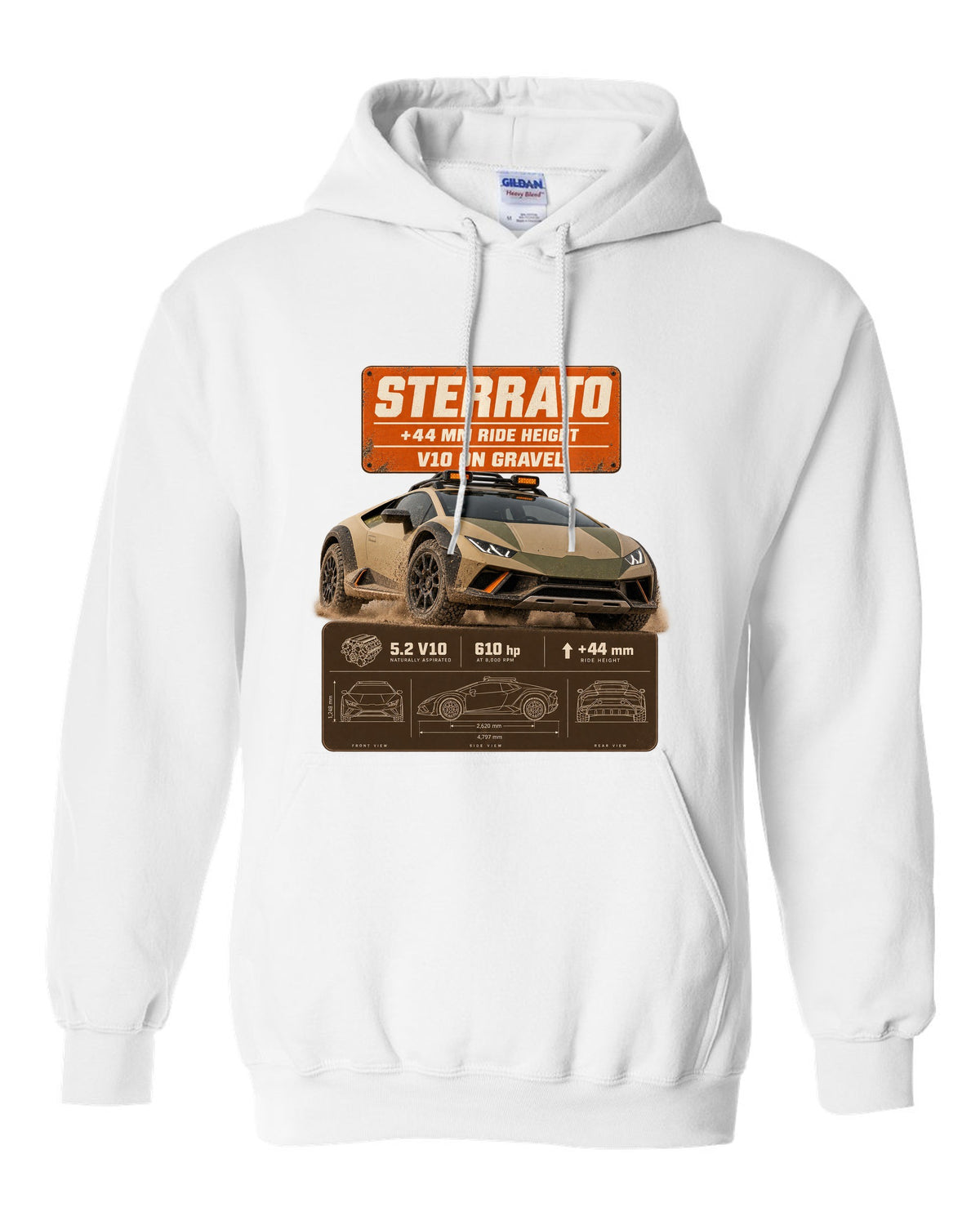 Spec poster print of the Lamborghini Huracan Sterrato white pull over hoodie front view with the design