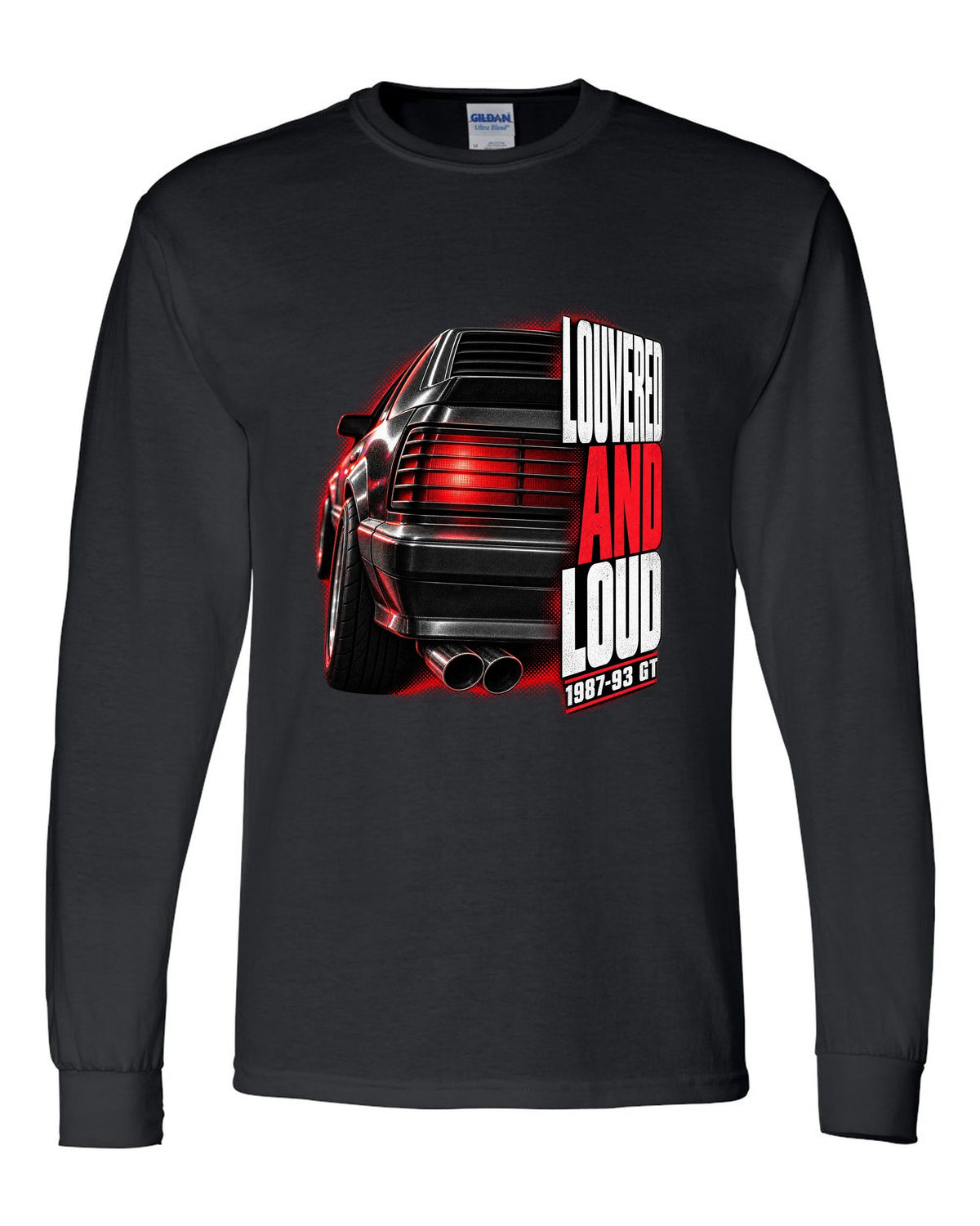 Macro print of a Ford Mustang Fox Body GT louvered taillight, 1987-93 black long sleeve front view with the design