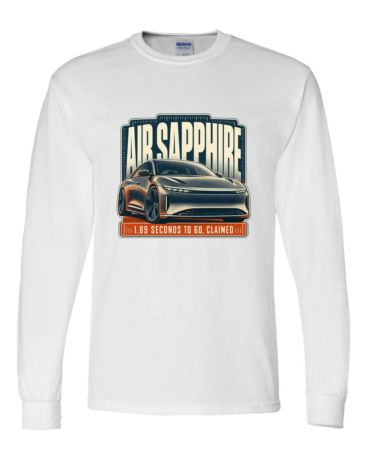 Halftone print of a Lucid Air Sapphire with 1.89 second 0-60 claim white long sleeve front view with the design
