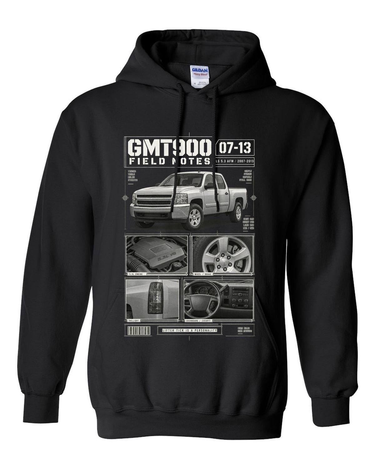 GMT900 Chevy Silverado crew cab field notes dossier print black pull over hoodie front view with the design