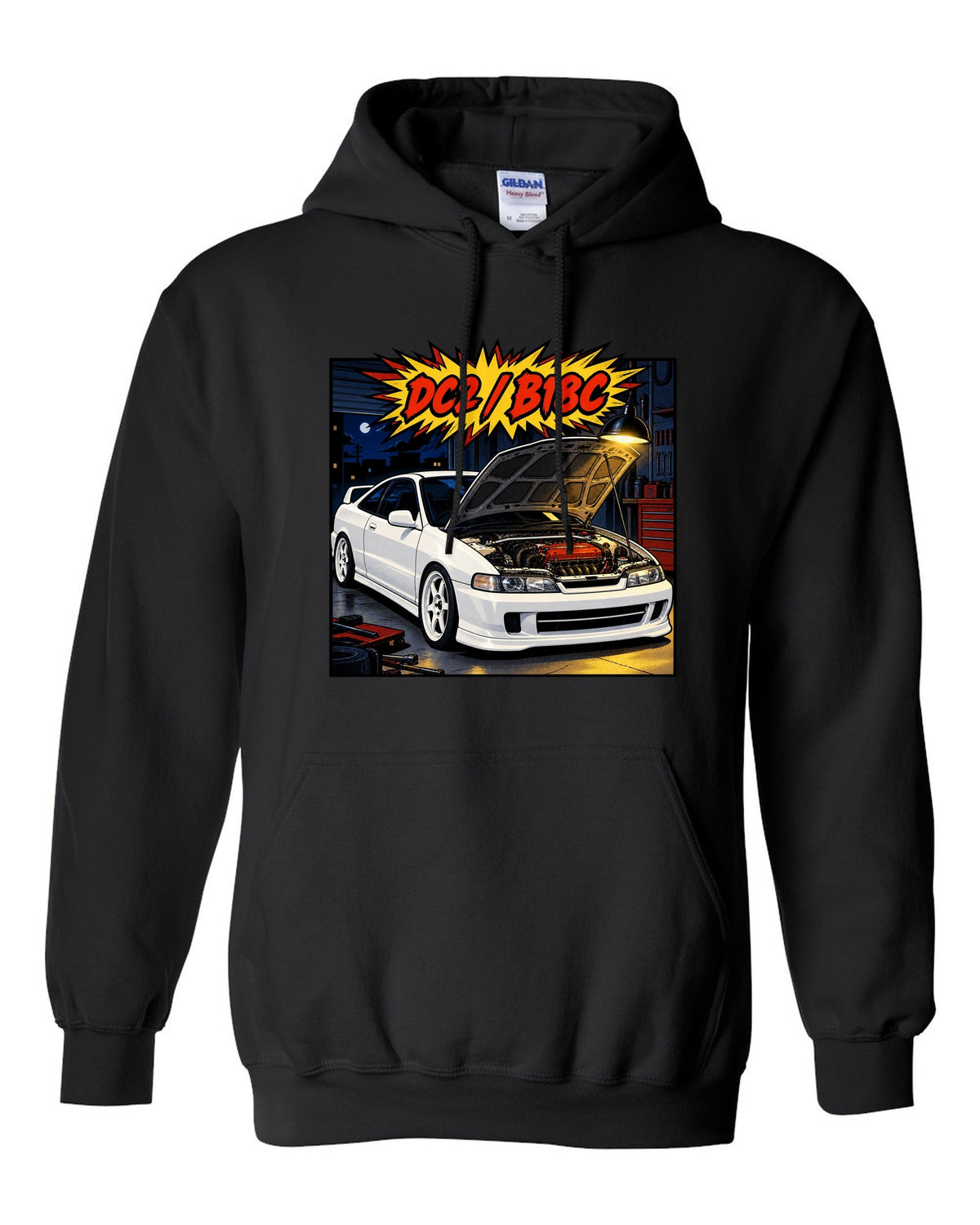 Comic book panel action burst print of a Honda Integra Type R DC2 with bonnet up and B18C text black pull over hoodie front view with the design