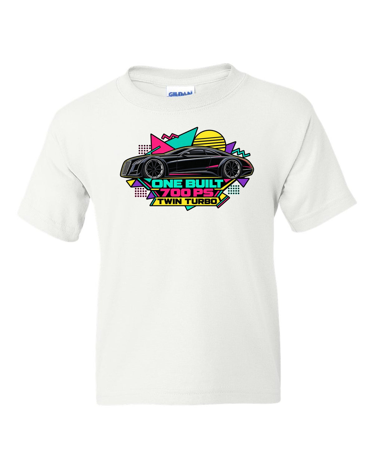 Retro Memphis style vector illustration of the one-off Maybach Exelero with One Built 700 PS Twin Turbo text white kids tee front view with the design