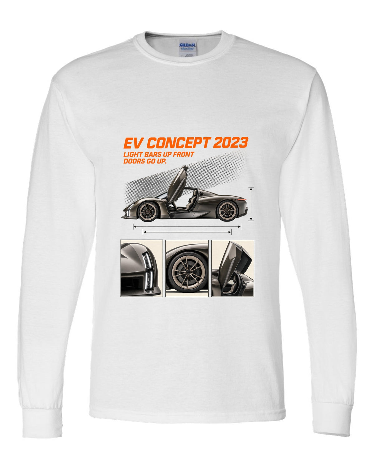 Porsche Mission X electric concept dossier panels print design white long sleeve front view with the design