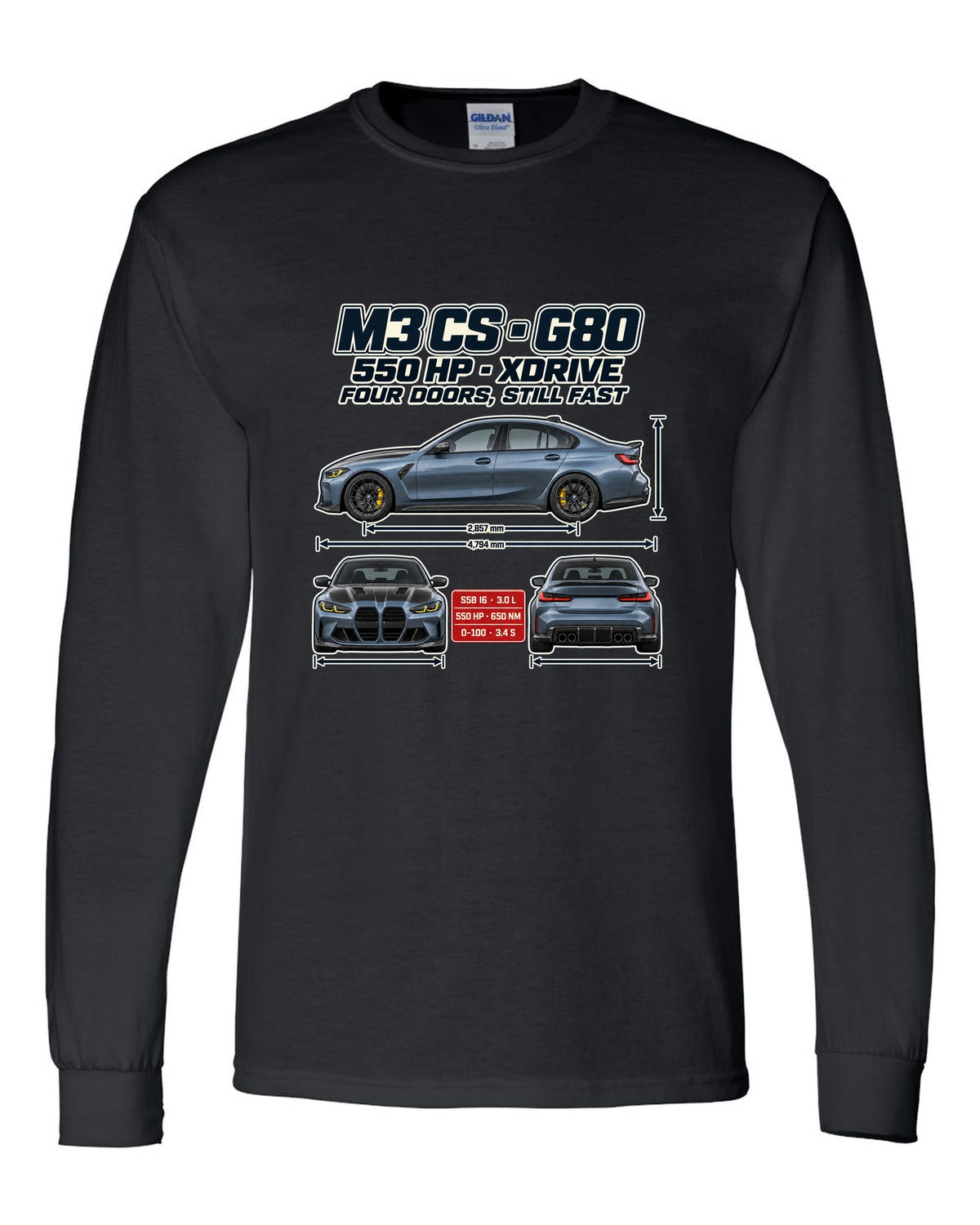 BMW M3 CS G80 2023 spec poster print black long sleeve front view with the design