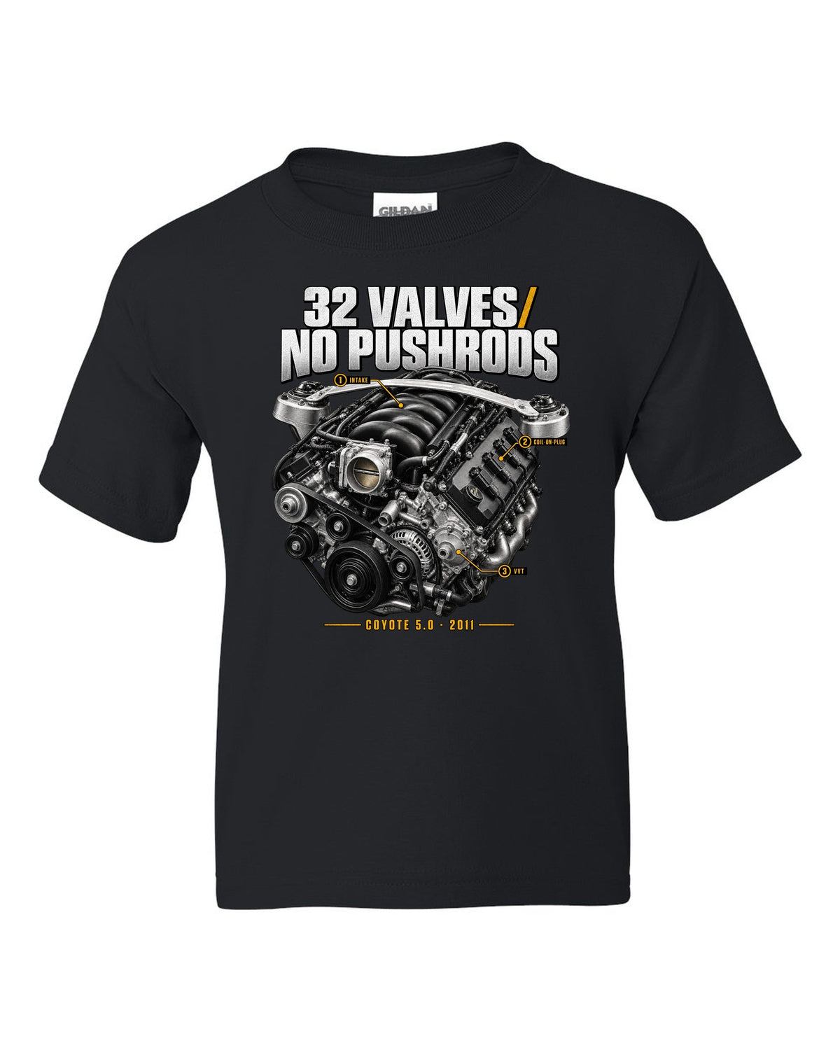 print of a Ford Mustang S197 GT 5.0 Coyote engine bay with callouts black kids tee front view with the design