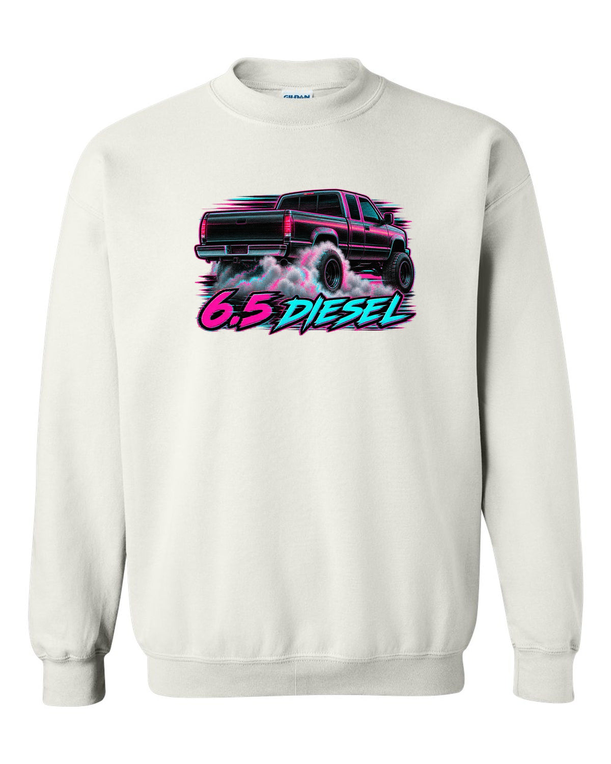 VHS glitch burnout print of a 1988-1998 Chevrolet GMT400 C2500 with 6.5 Diesel text white crewneck front view with the design