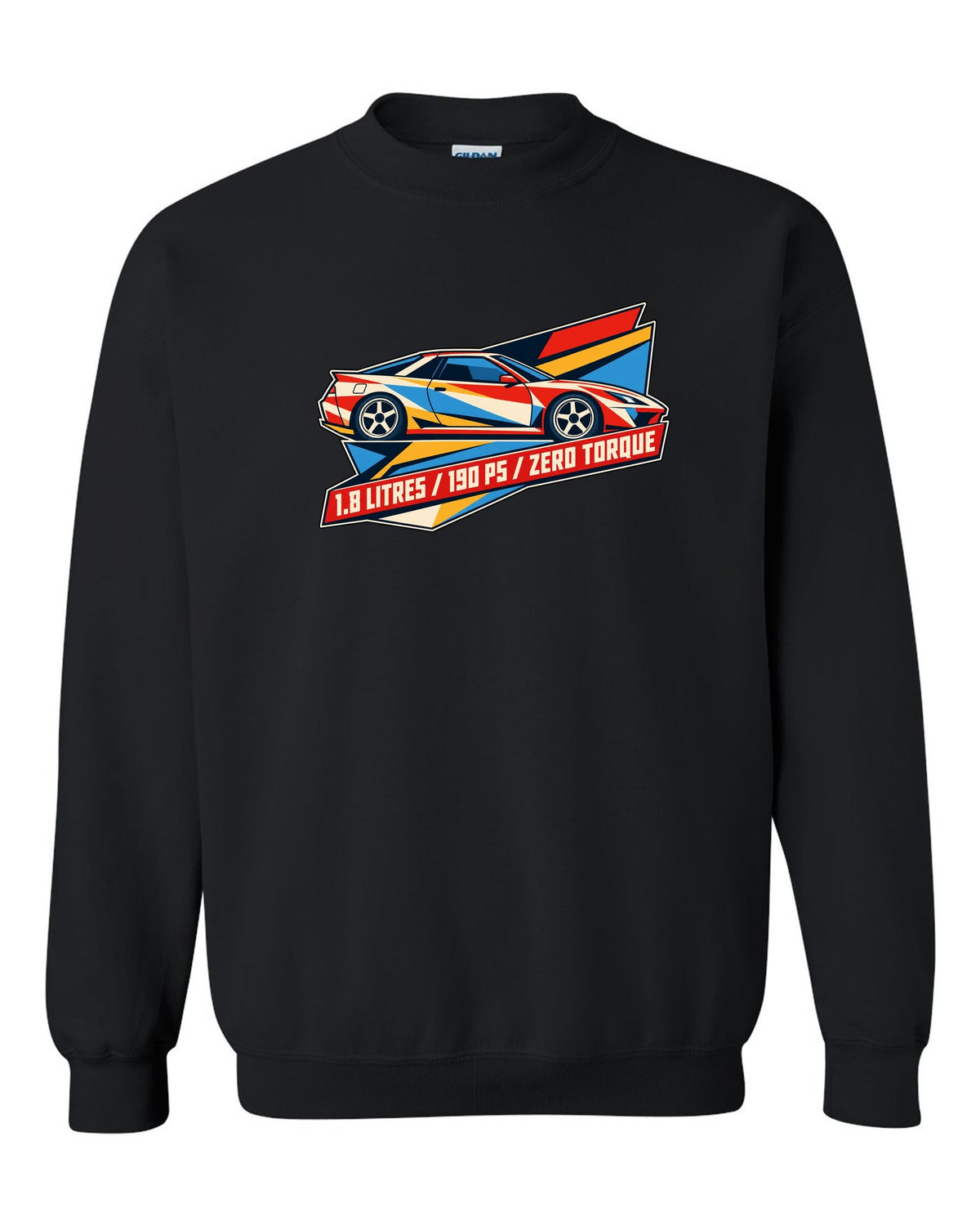 Geometric origami constructivist poster of the Toyota Celica ZZT231 with 190 PS text black crewneck front view with the design