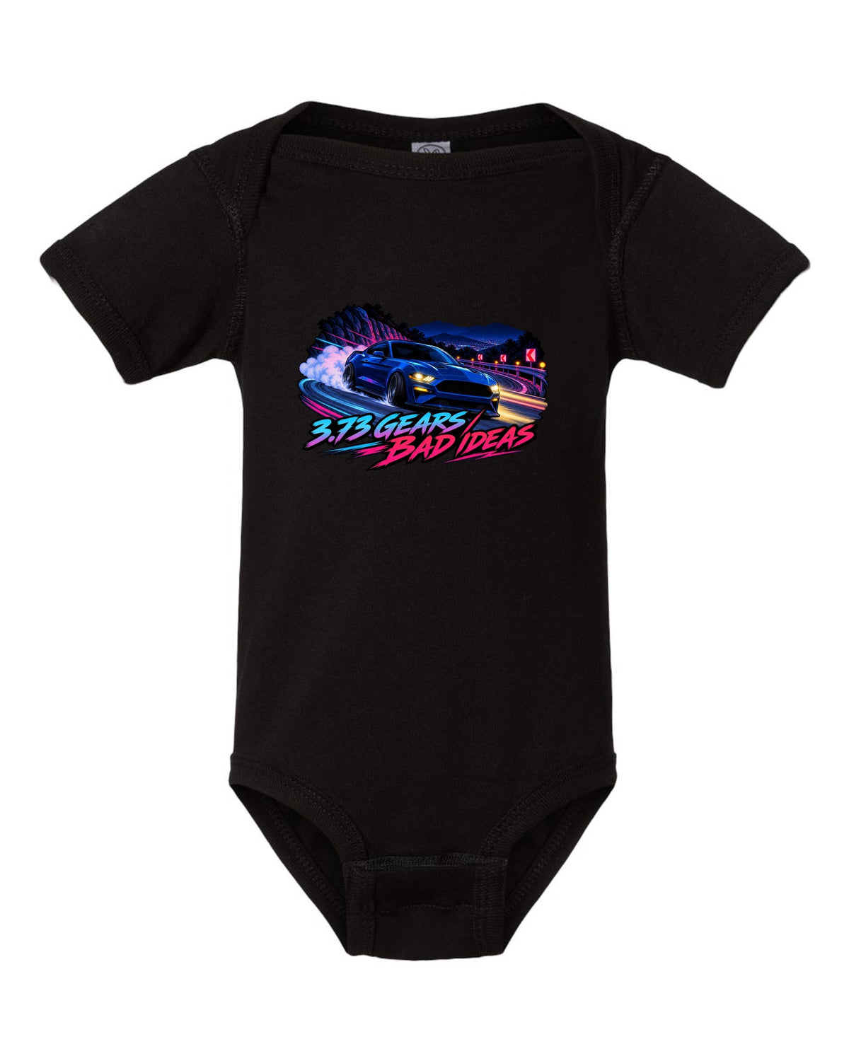 Cel-shaded anime night touge print of a 2015-2023 S550 Mustang fastback with 3.73 Gears text black baby onesie front view with the design
