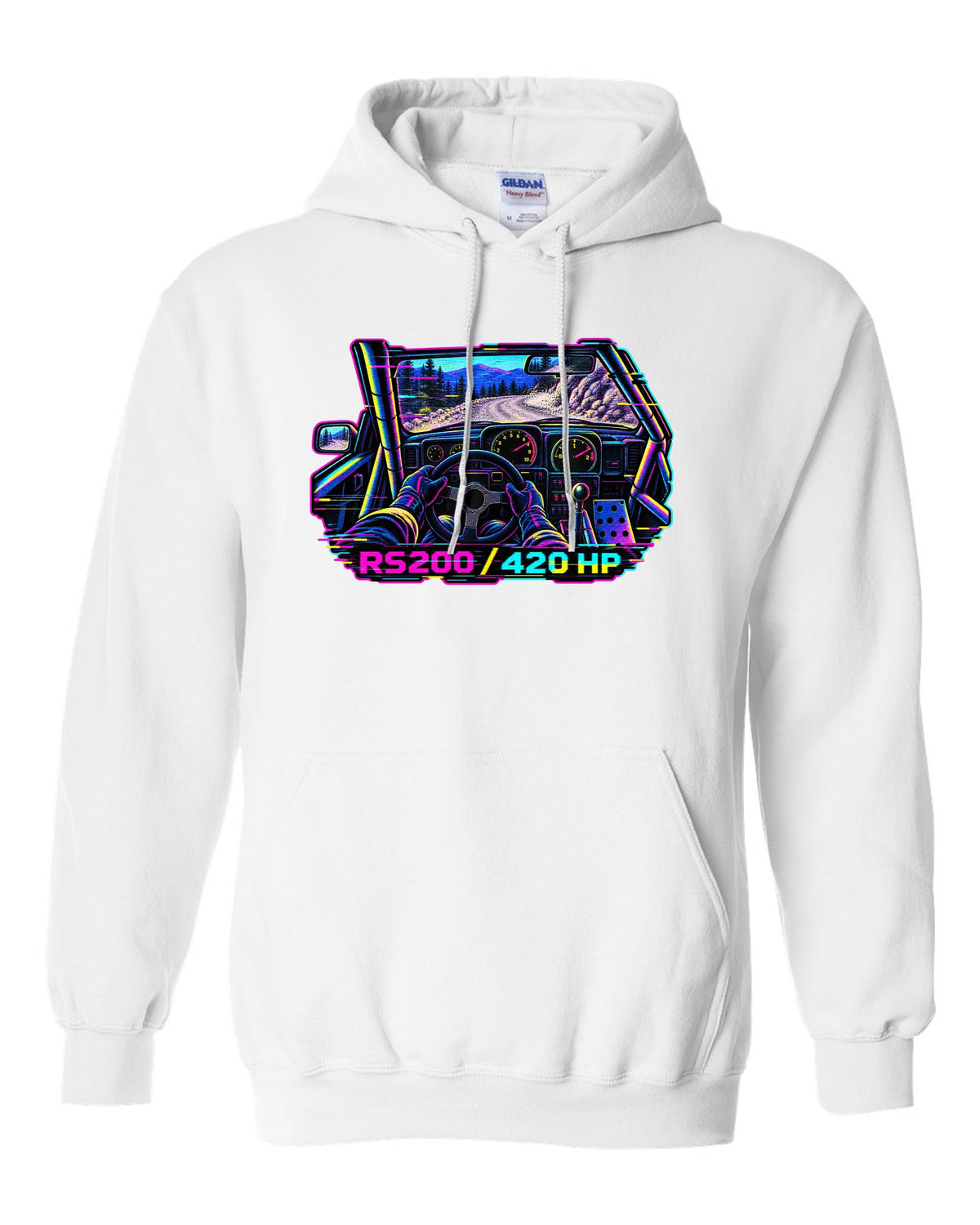 VHS glitch style Ford RS200 cockpit print with 420 hp lettering white pull over hoodie front view with the design